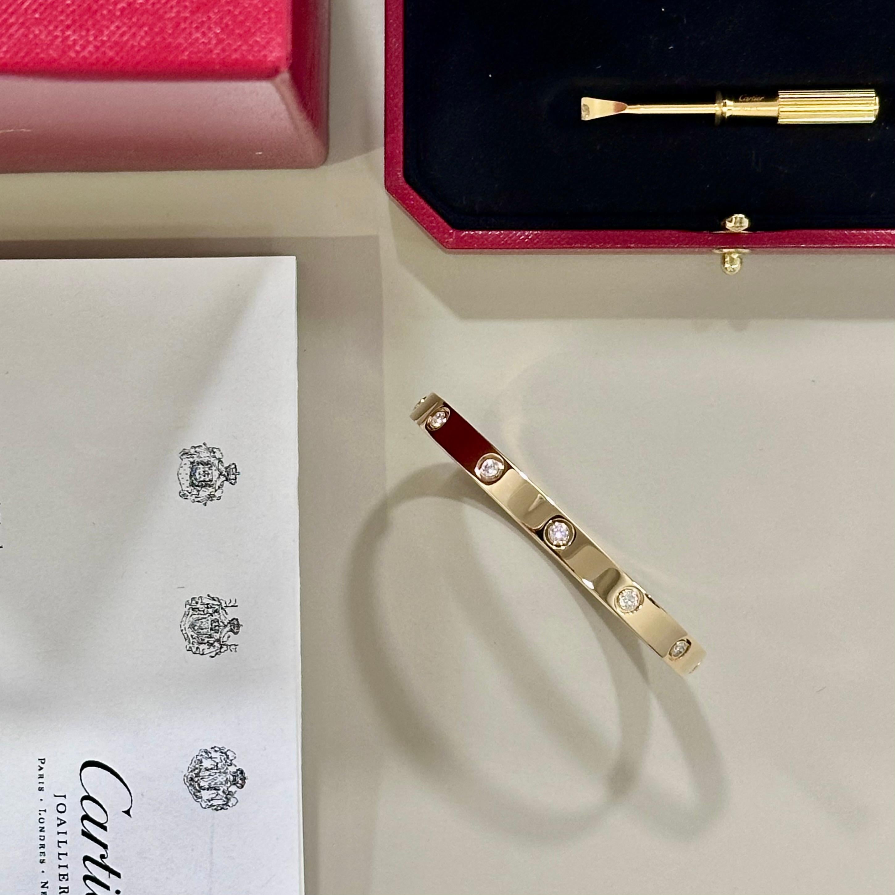 Round Cut Genuine Cartier Love Bracelet Full Diamond in Yellow Gold Size 18 B6070318 For Sale