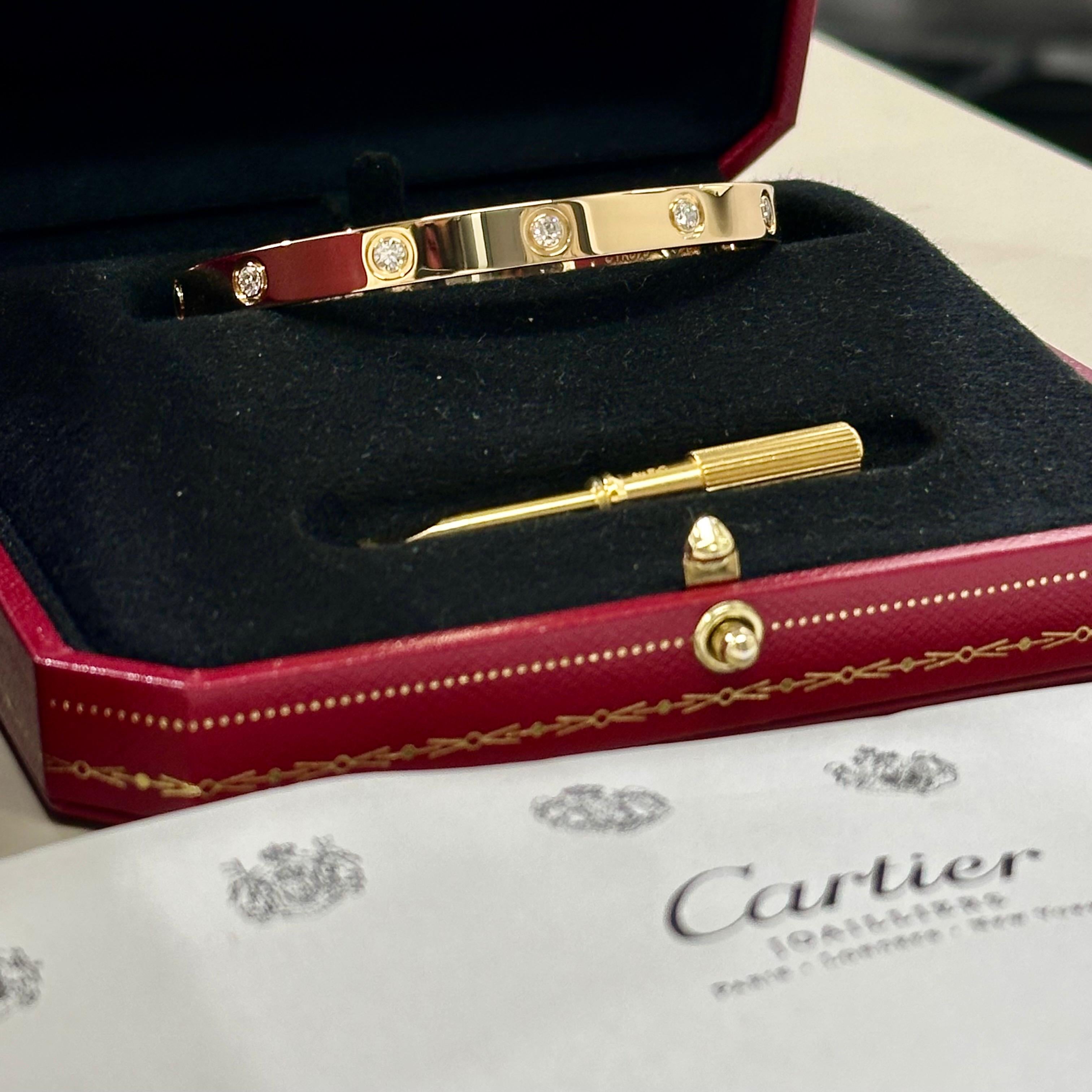 Women's or Men's Genuine Cartier Love Bracelet Full Diamond in Yellow Gold Size 18 B6070318 For Sale