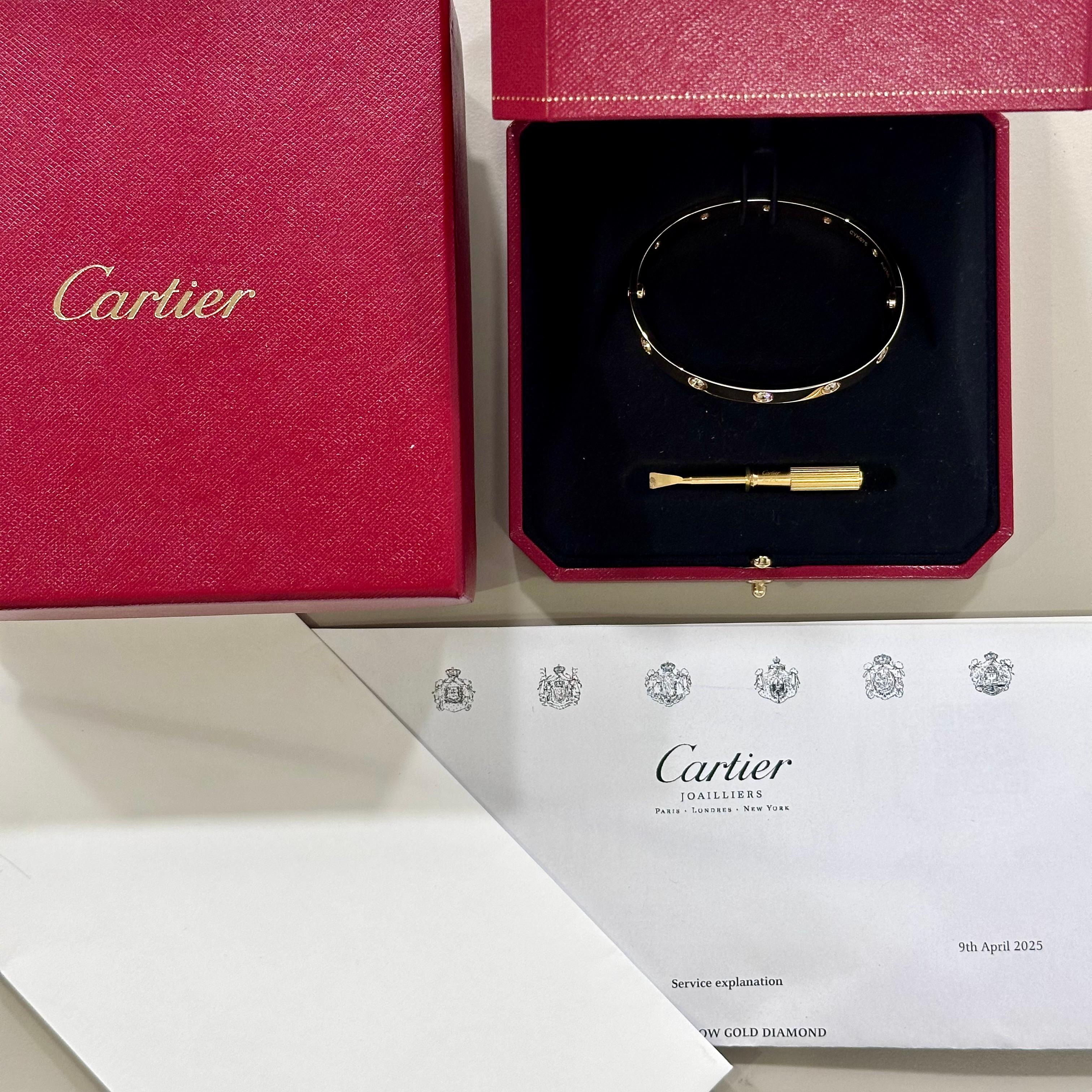Genuine Cartier Love Bracelet Full Diamond in Yellow Gold Size 18 B6070318 For Sale 2