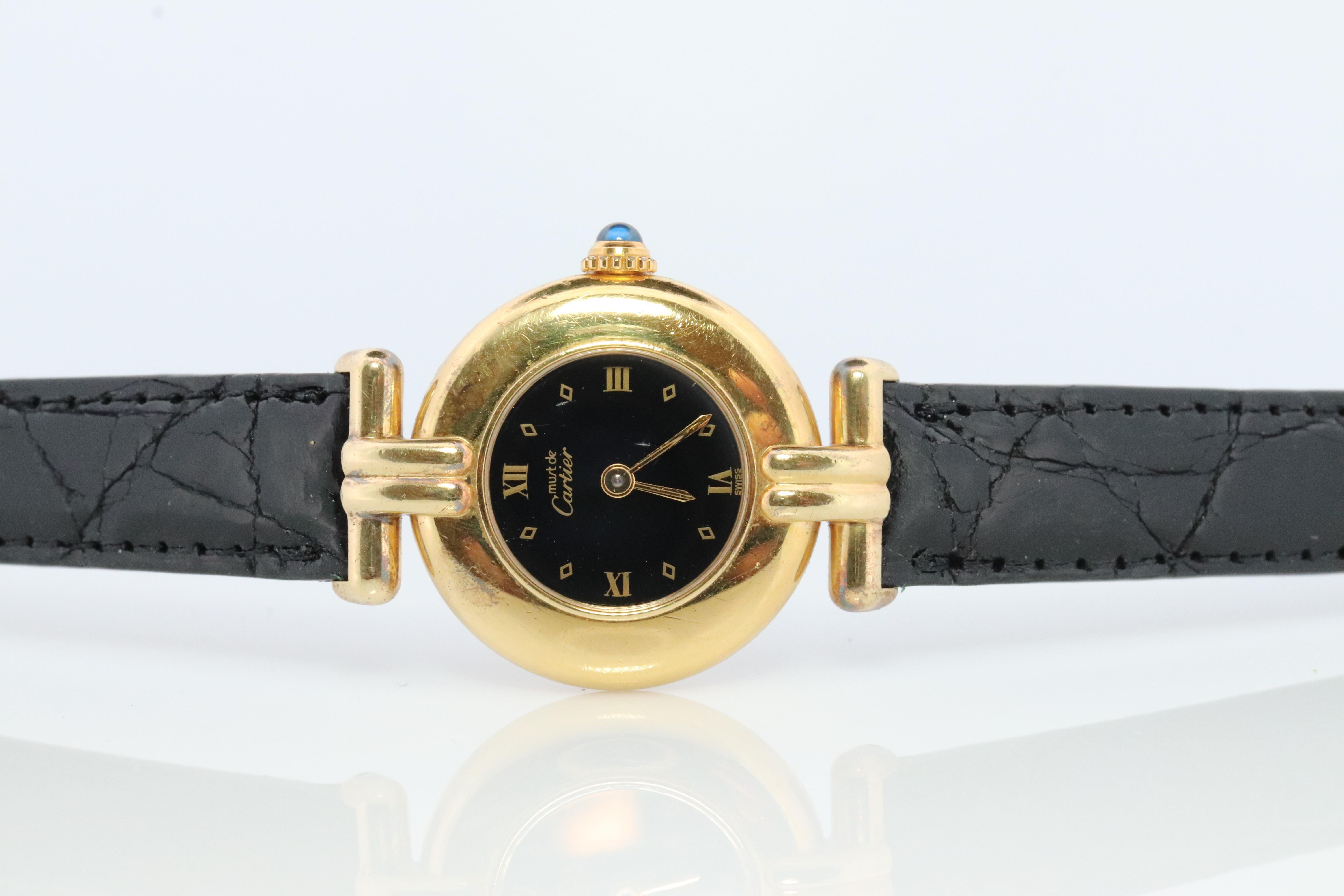 Modern Genuine Cartier Watch. Must de Cartier Colisee Round Argent Vermeil 59002 Black For Sale