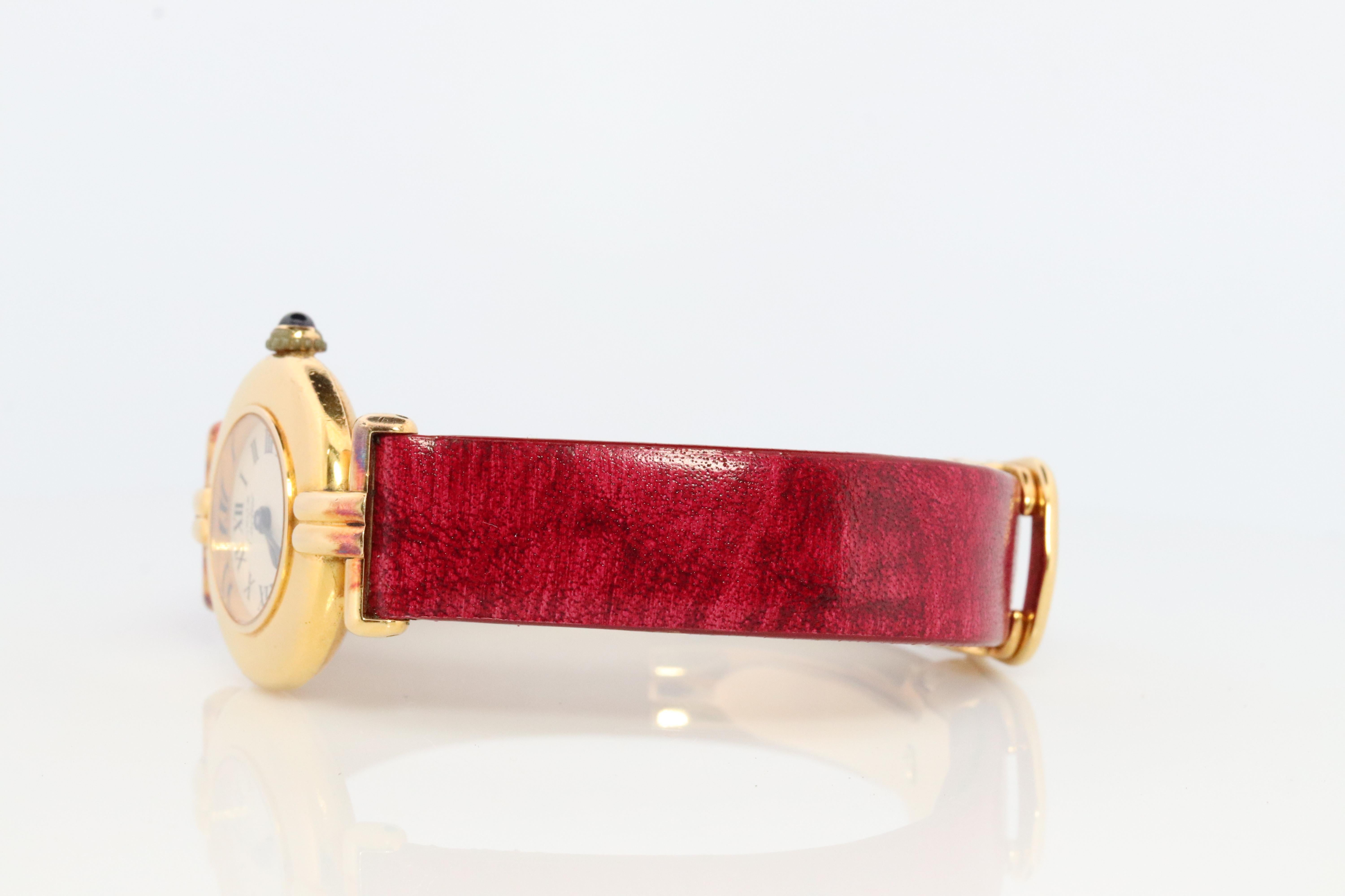 Genuine Cartier watch.

Vintage Must de Cartier Colisee 1902

White or Cream Face

Condition: Comes with Original case . Several scratches consistent with age and normal wear.

New battery installed.
New Leather High quality strap. Cartier Quick