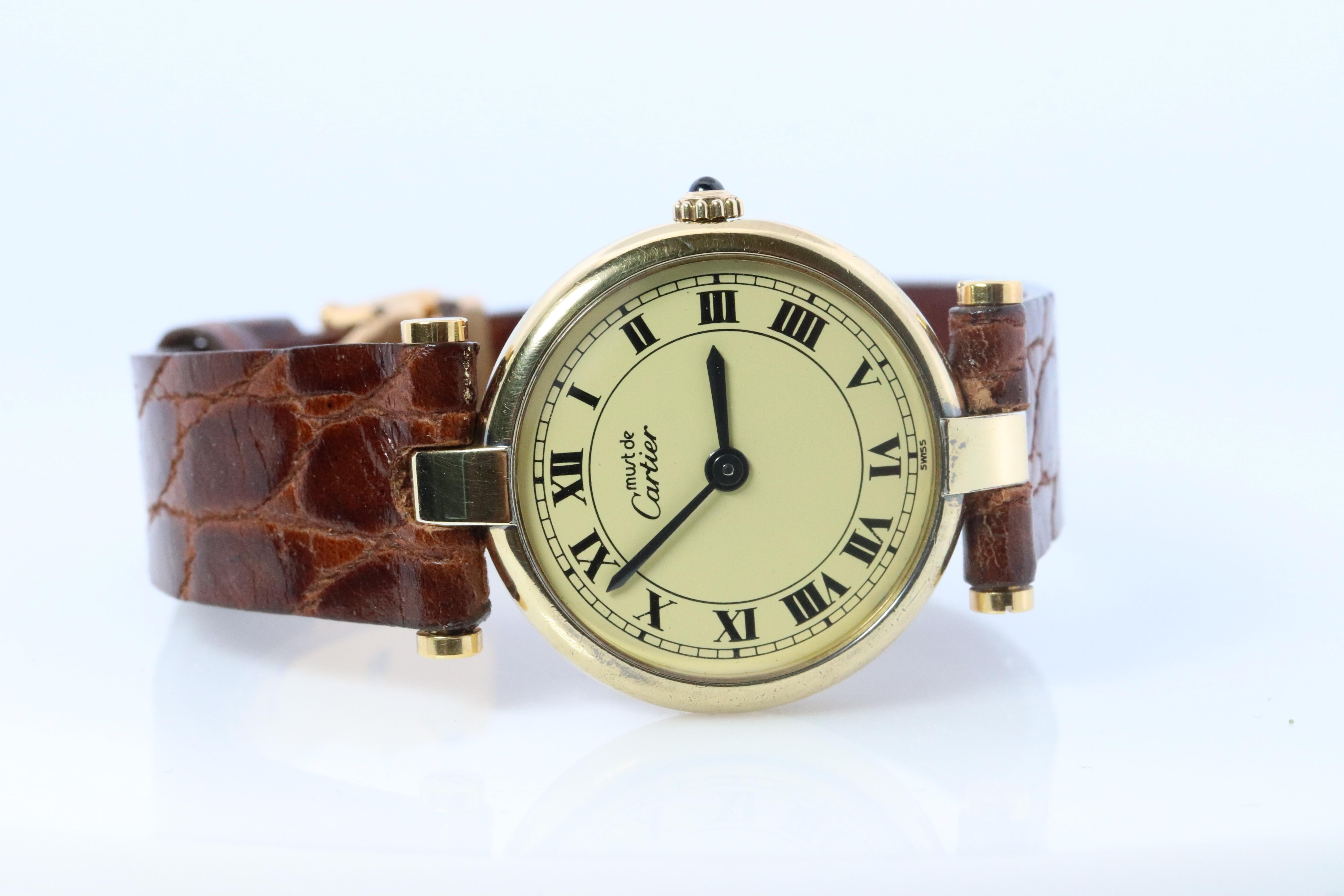 Genuine Cartier Watch. Must de Cartier Vendome Round Argent Champagne Dial For Sale 3