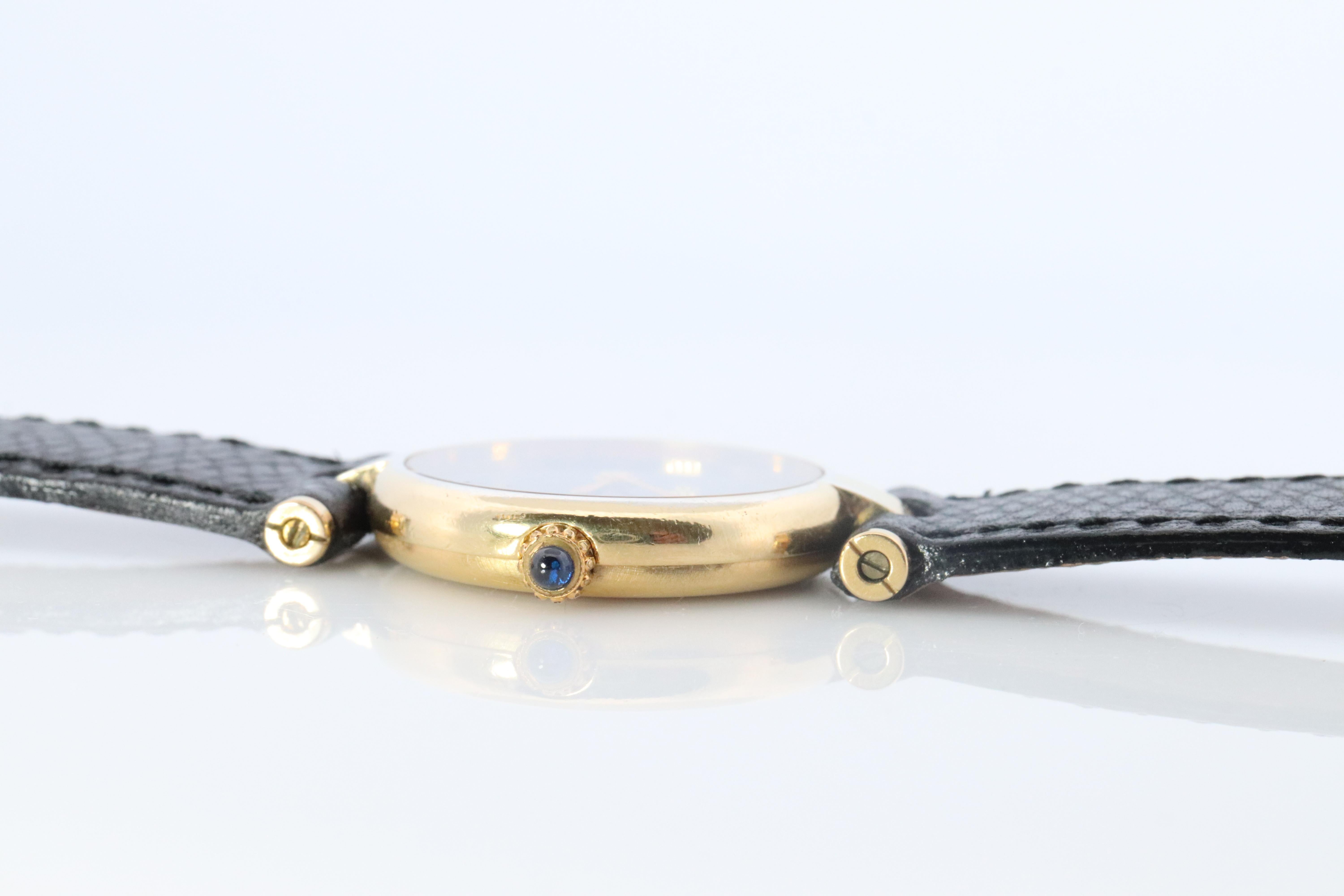 Cabochon Genuine Cartier Watch. Must de Cartier Vendome Round Argent Vermeil Black Face For Sale