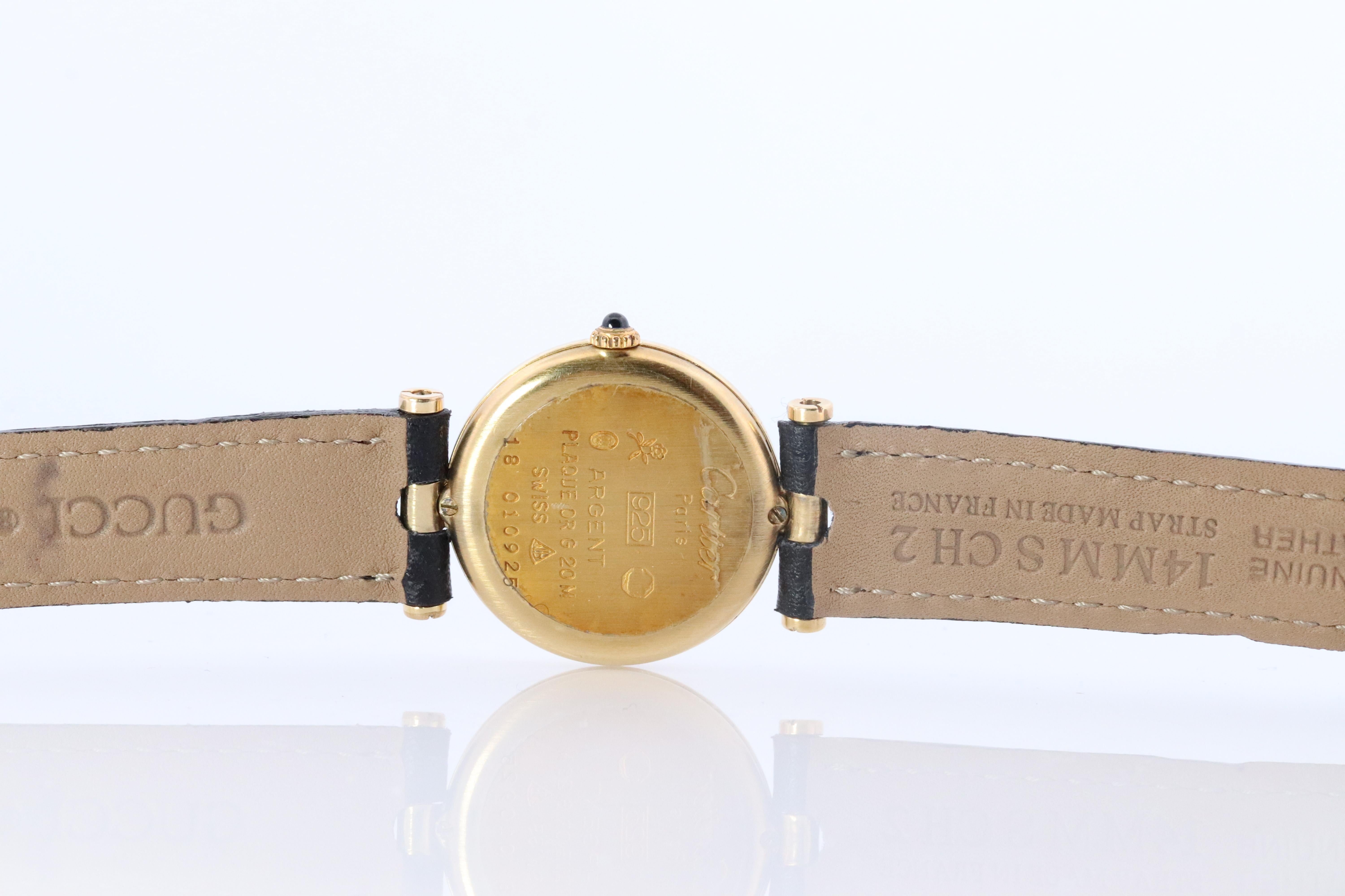 Women's Genuine Cartier Watch. Must de Cartier Vendome Round Argent Vermeil Black Face For Sale