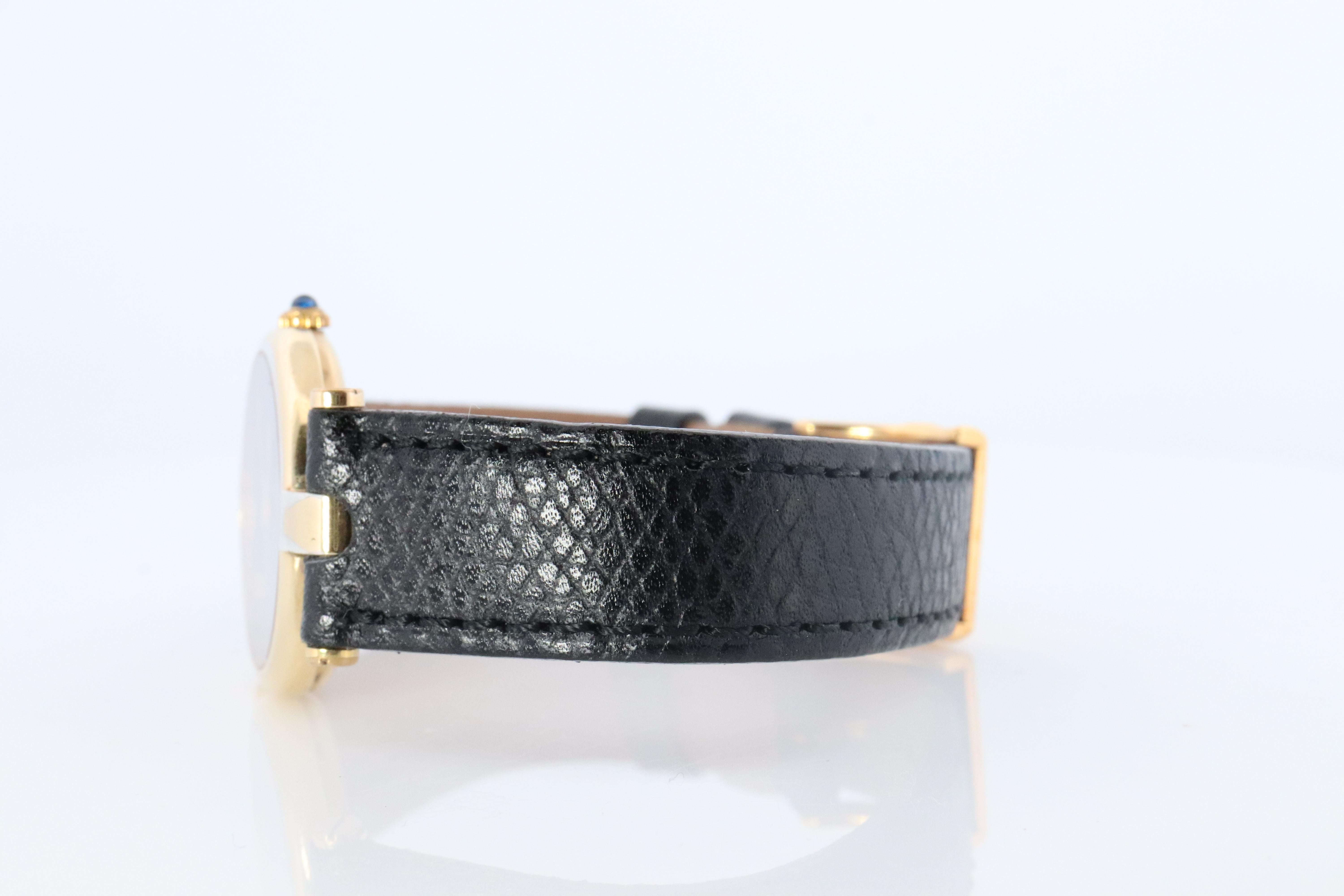 Genuine Cartier Watch. Must de Cartier Vendome Round Argent Vermeil Black Face For Sale 2