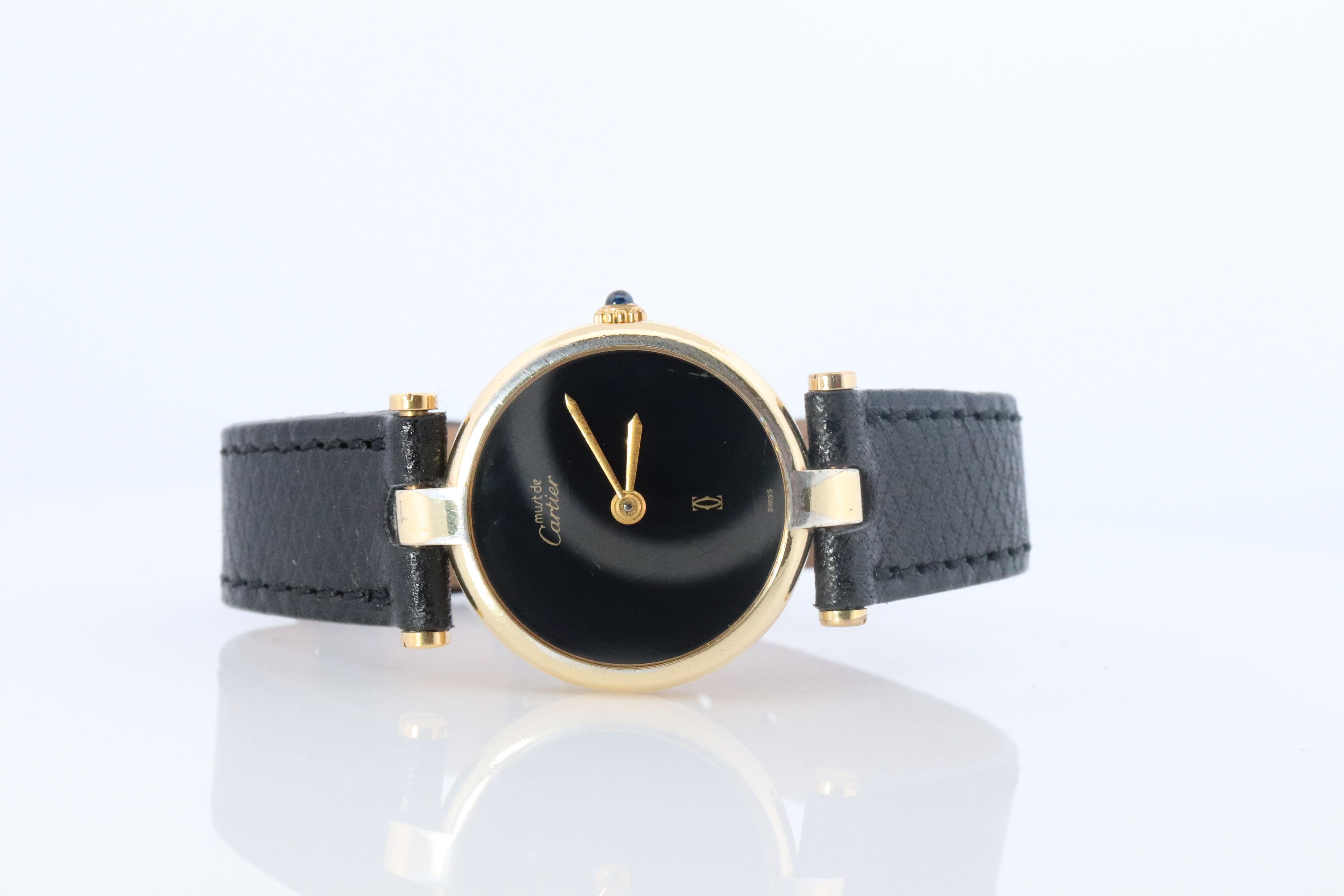 Genuine Cartier Watch. Must de Cartier Vendome Round Argent Vermeil Black Face For Sale 3