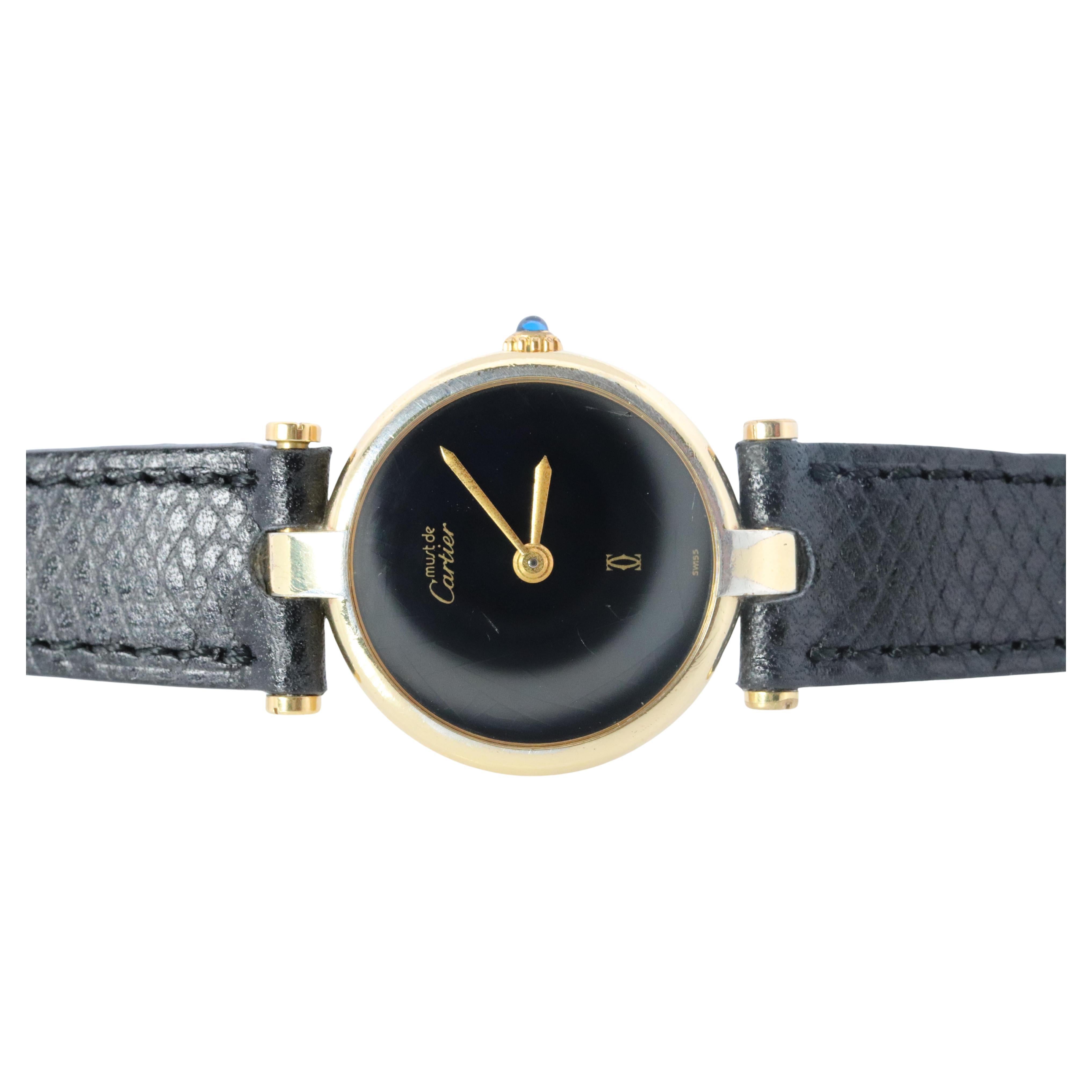 Genuine Cartier Watch. Must de Cartier Vendome Round Argent Vermeil Black Face For Sale