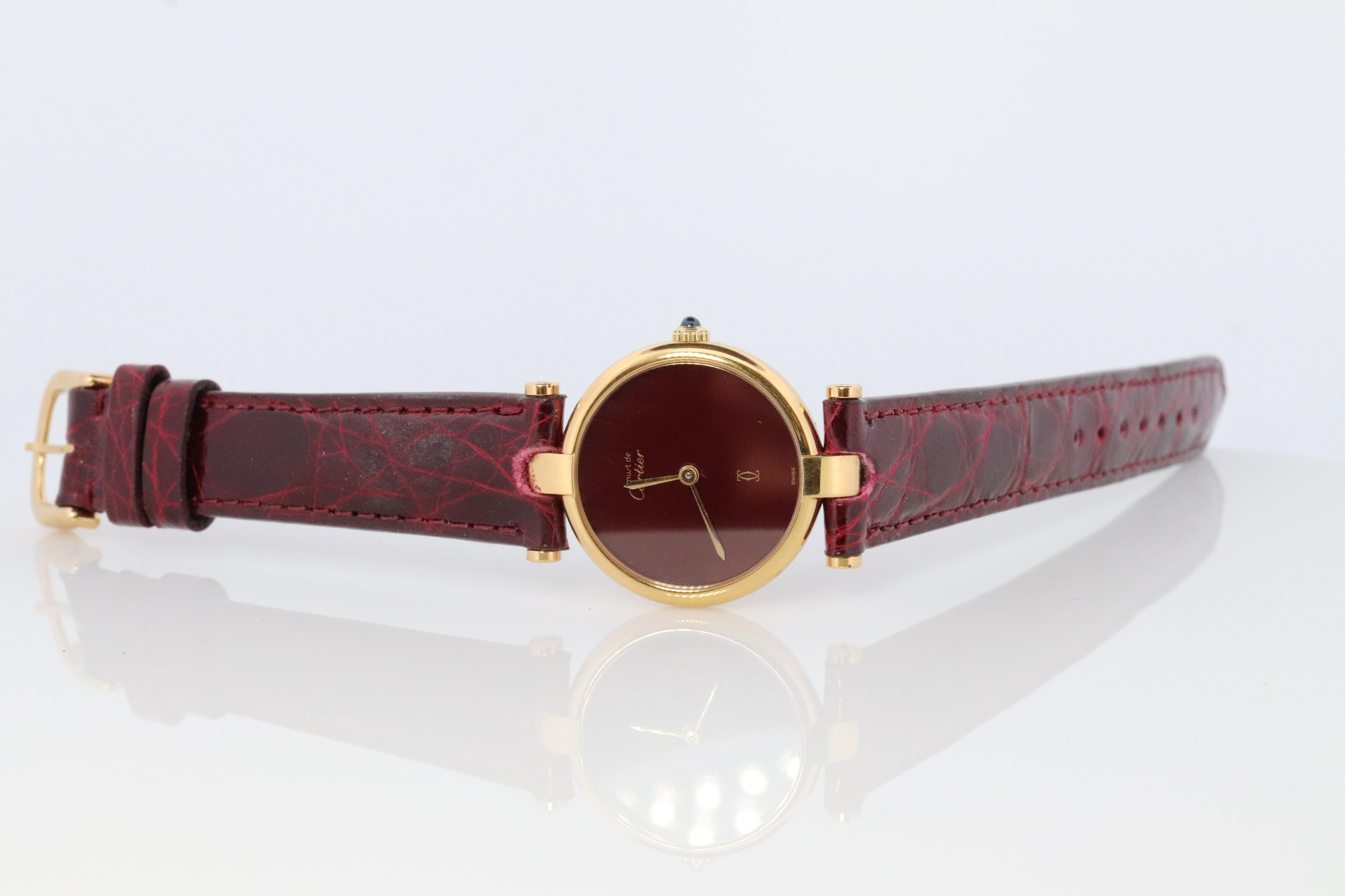Genuine Cartier-Uhr. Must de Cartier Vendome Rundes Argent Vermeil Rotes Gesicht Damen