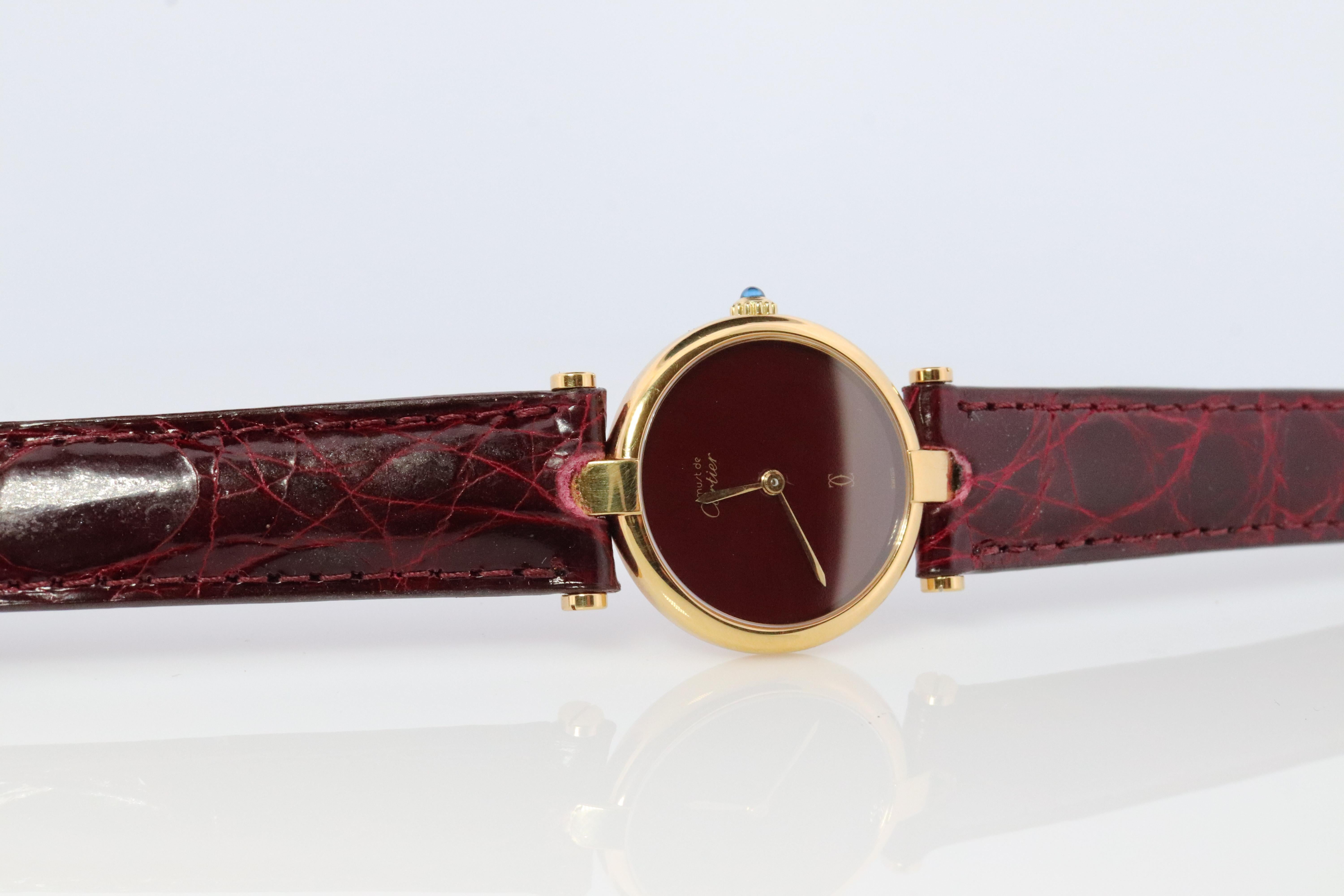 Genuine Cartier-Uhr. Must de Cartier Vendome Rundes Argent Vermeil Rotes Gesicht 2