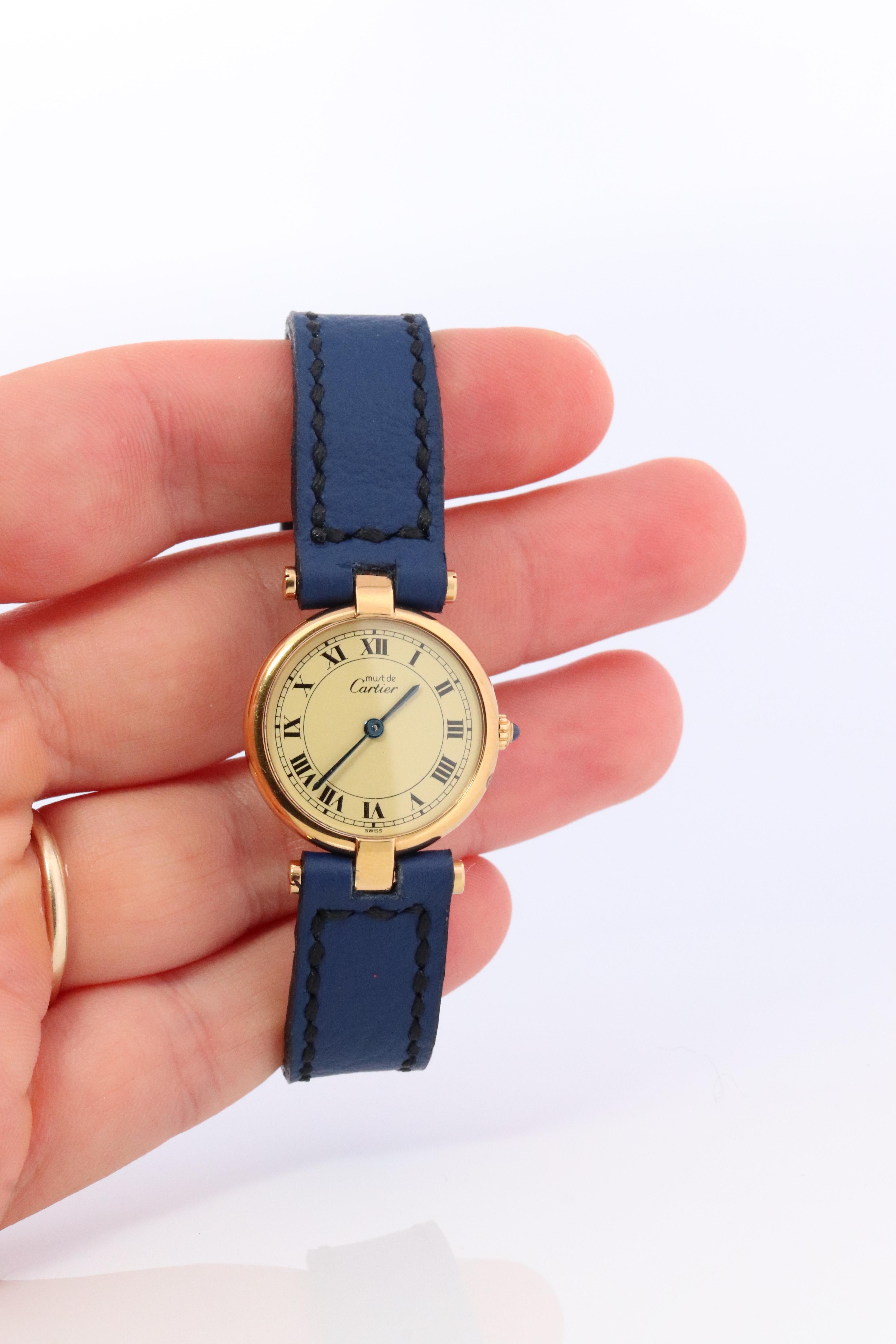 Modern Genuine Cartier Watch. Must de Cartier Vendome Round Argent Vermeil White Face
