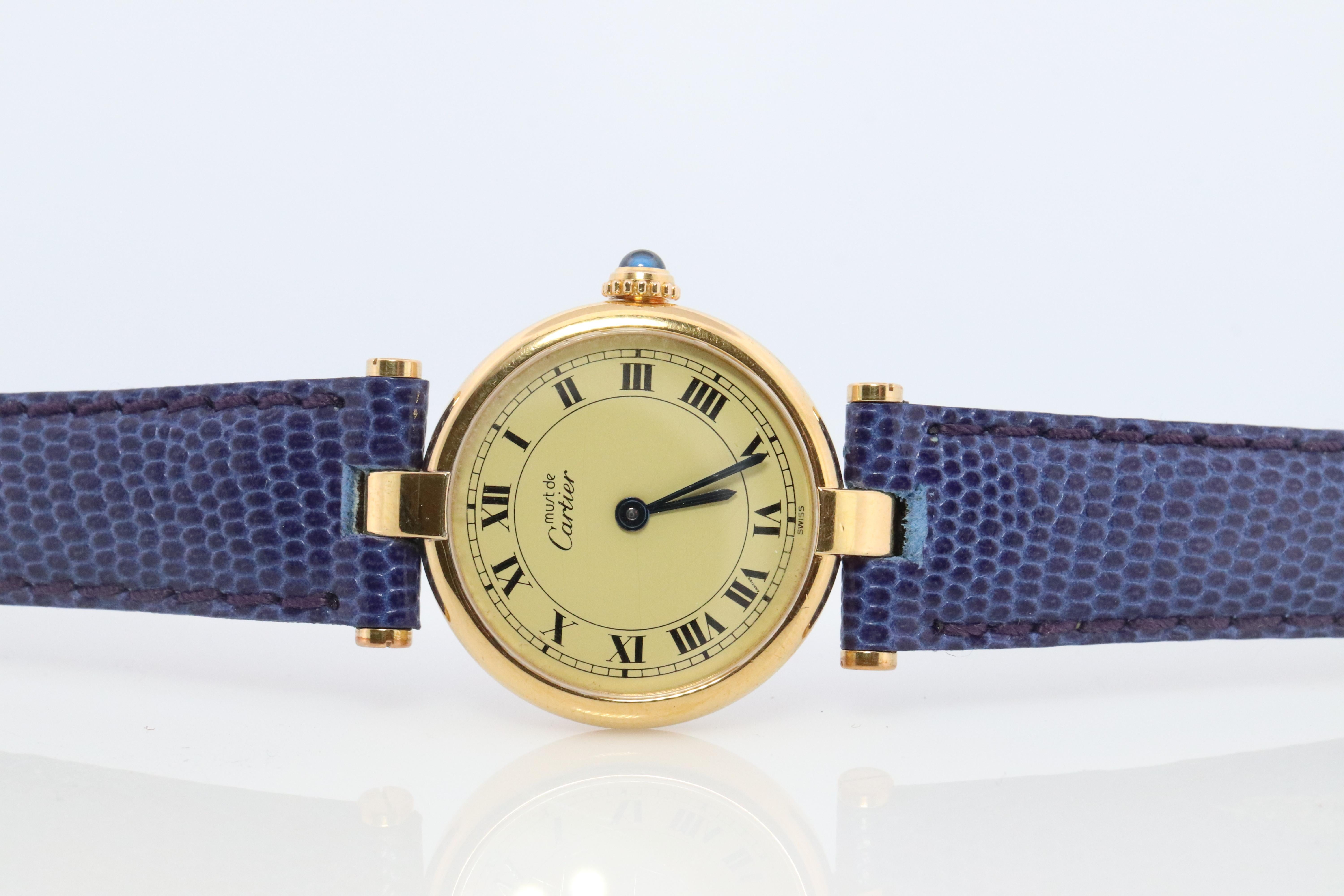 Modern Genuine Cartier Watch. Must de Cartier Vendome Round Argent Vermeil White Face