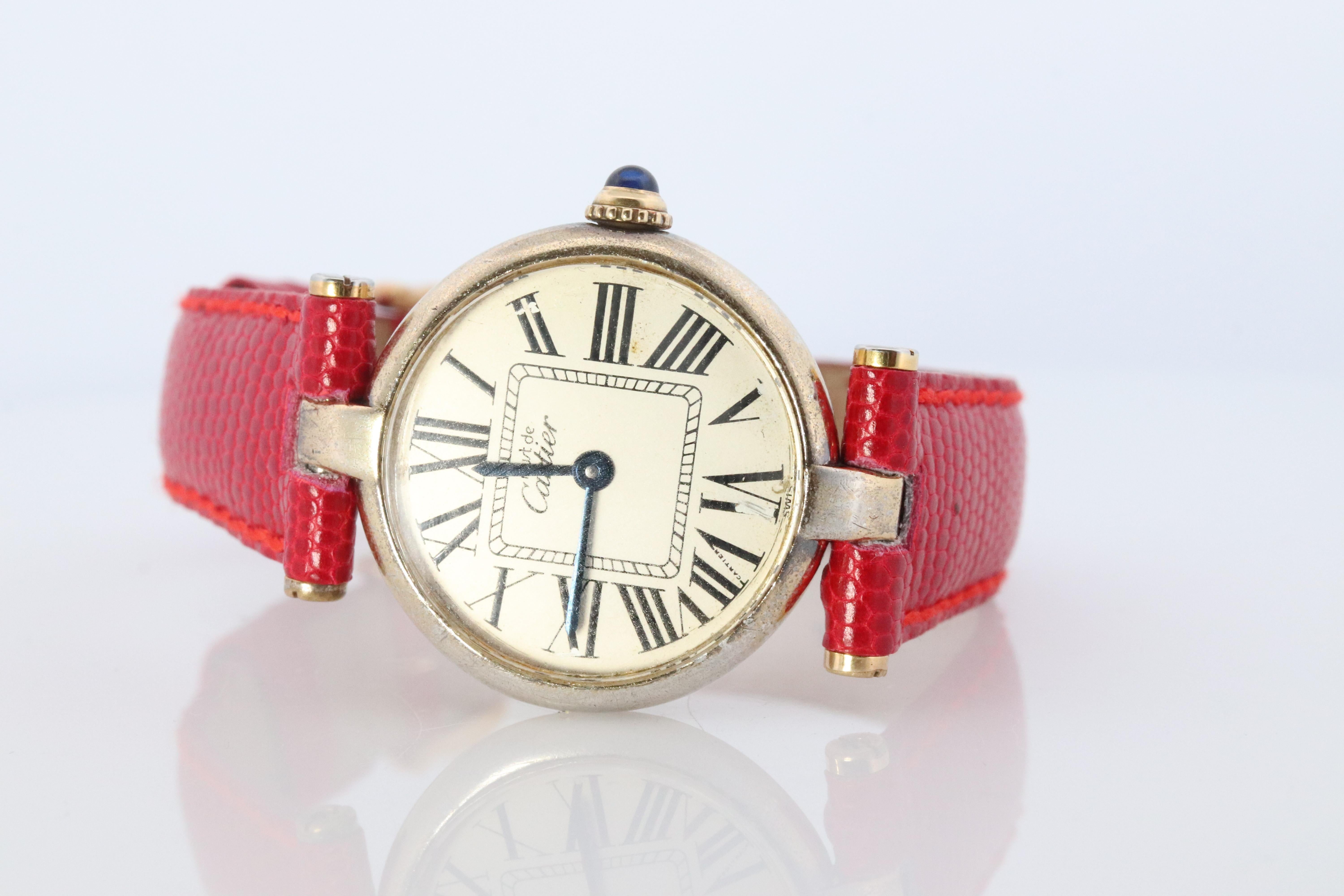 Modern Genuine Cartier Watch. Must de Cartier Vendome Round Argent Vermeil White Face