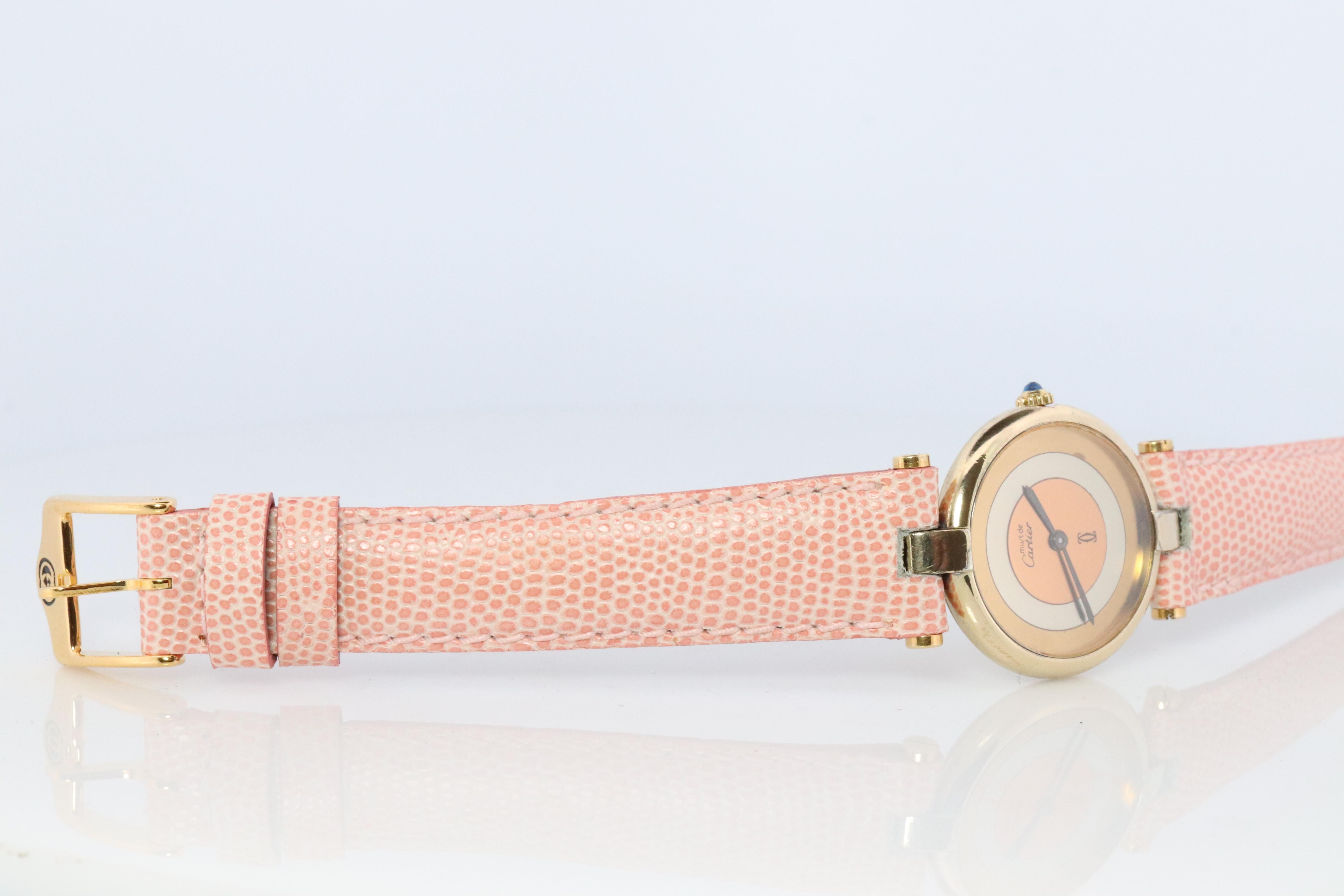 Modern Genuine Cartier Watch. Must de Cartier Vendome Round Argent Vermeil White Face For Sale