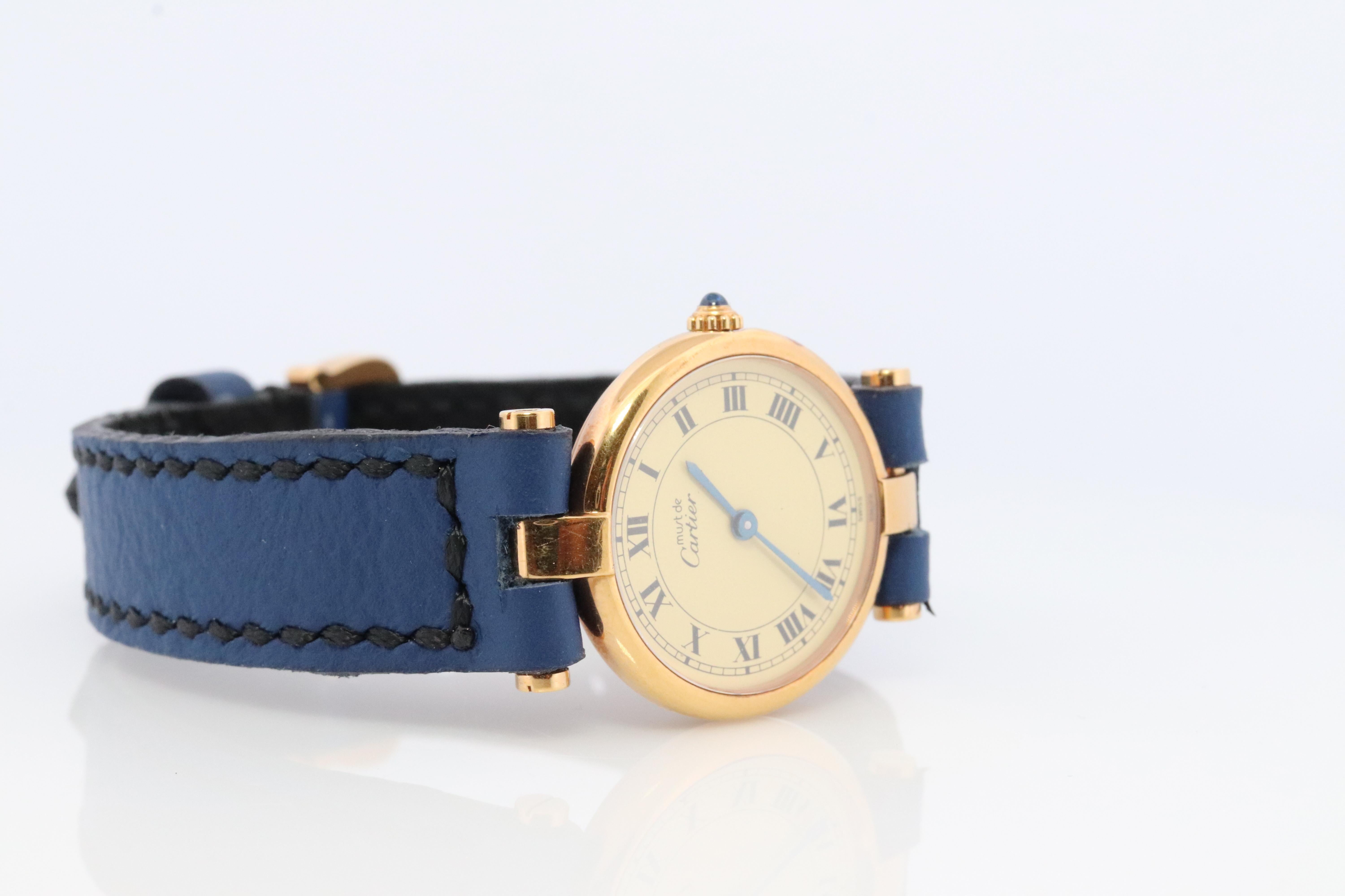 Cabochon Genuine Cartier Watch. Must de Cartier Vendome Round Argent Vermeil White Face
