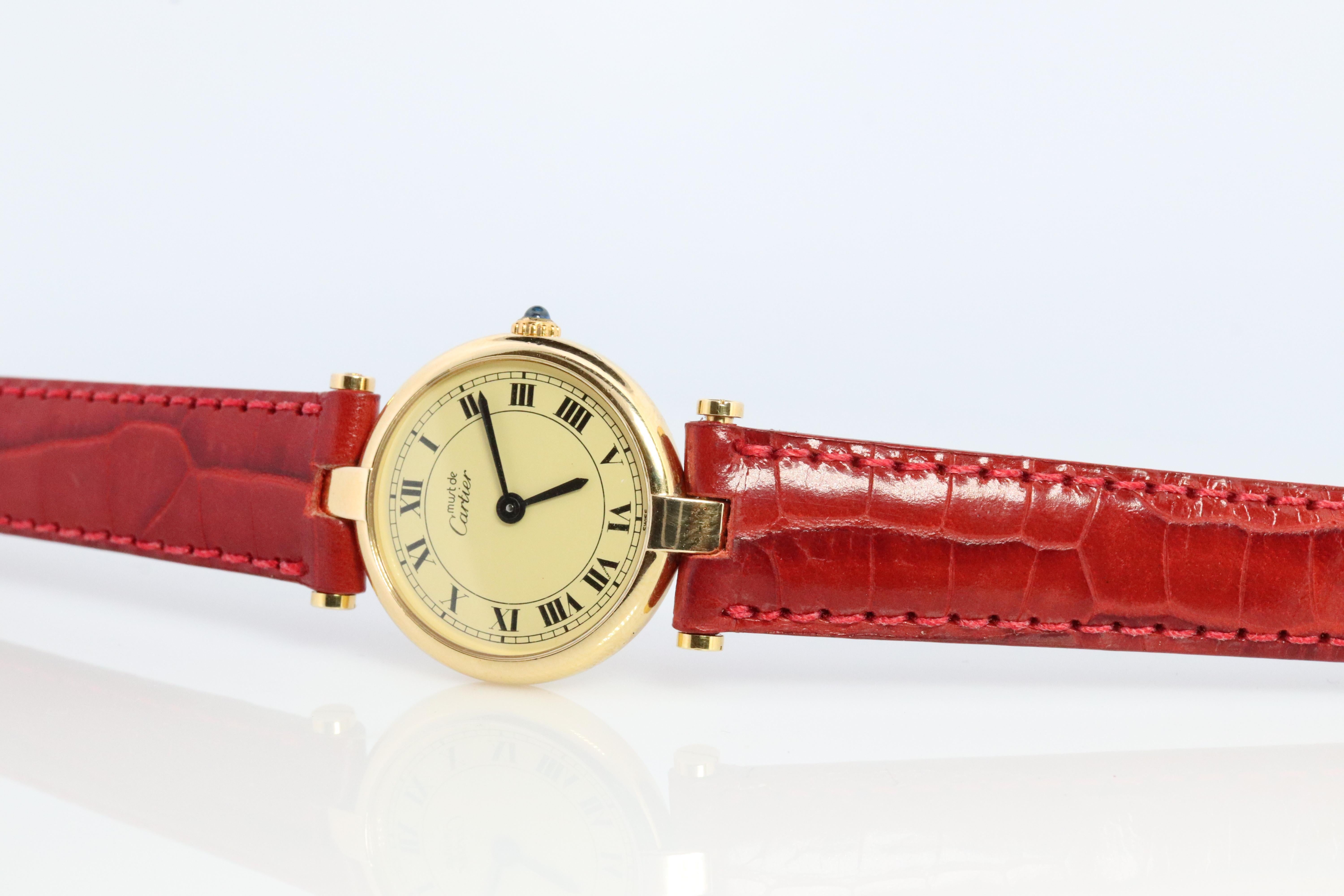 Genuine Cartier-Uhr. Must de Cartier Vendome Round Argent Vermeil White Face (Cabochon)