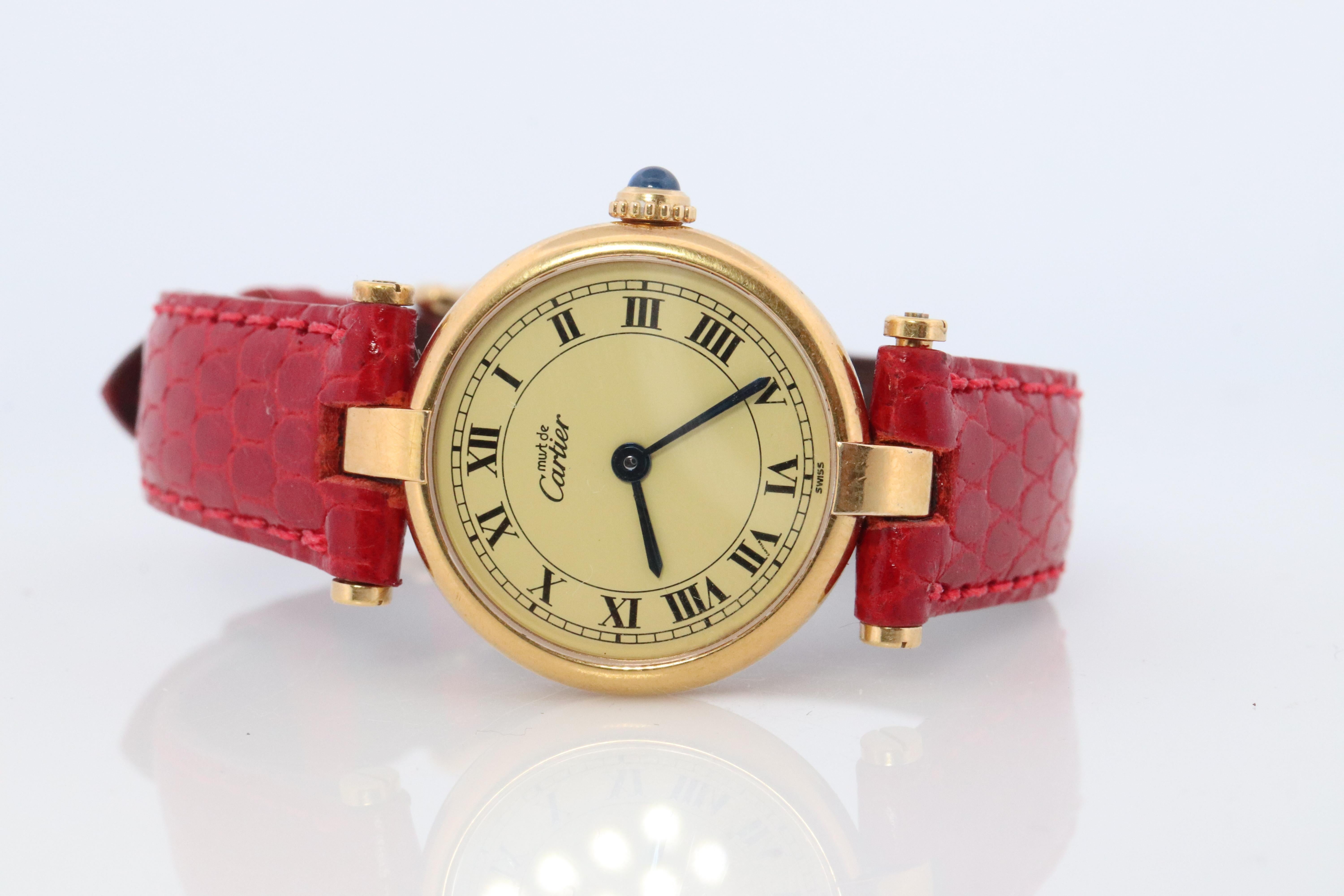 Genuine Cartier-Uhr. Must de Cartier Vendome Round Argent Vermeil White Face (Cabochon)