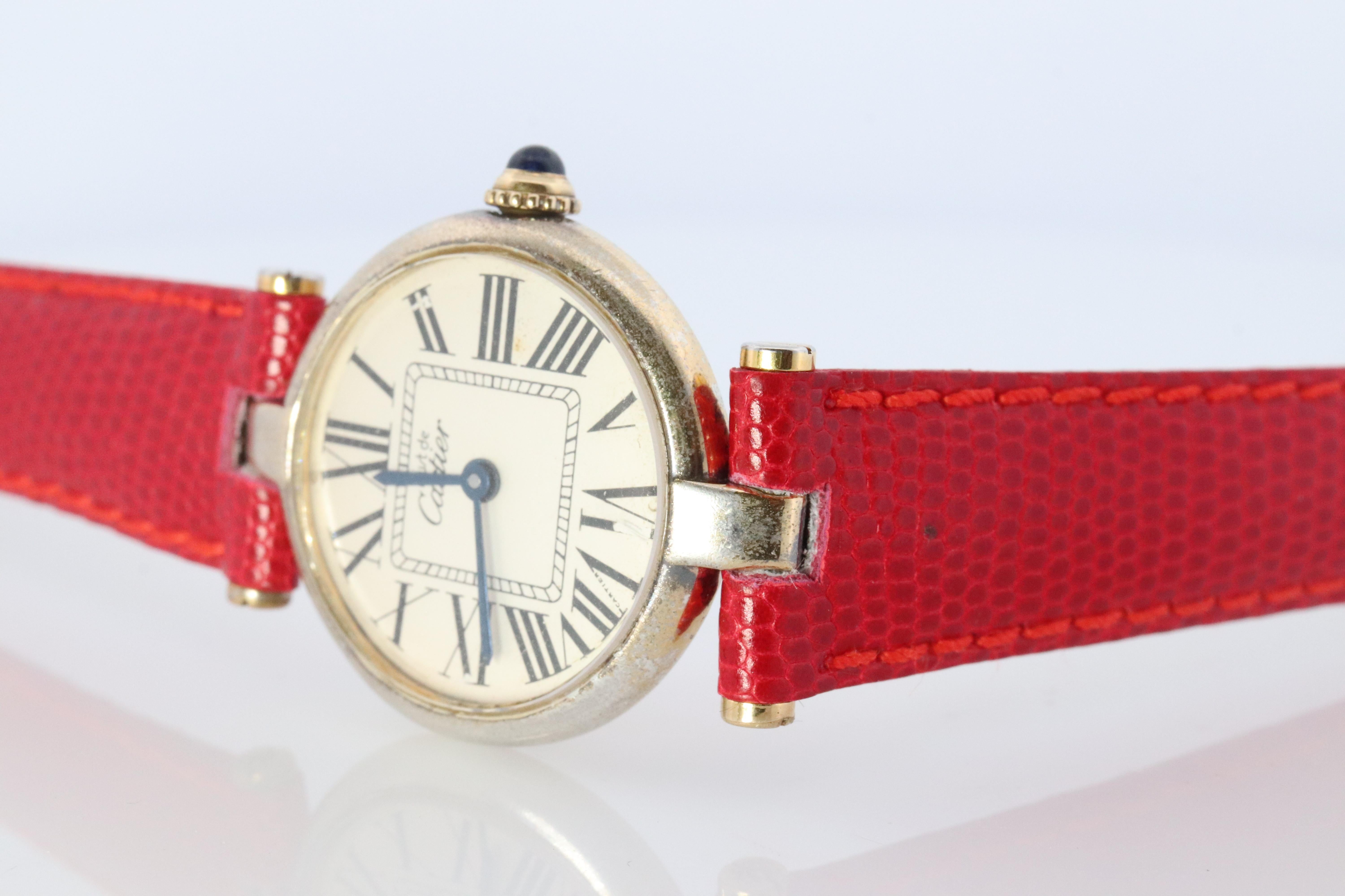 Cabochon Genuine Cartier Watch. Must de Cartier Vendome Round Argent Vermeil White Face