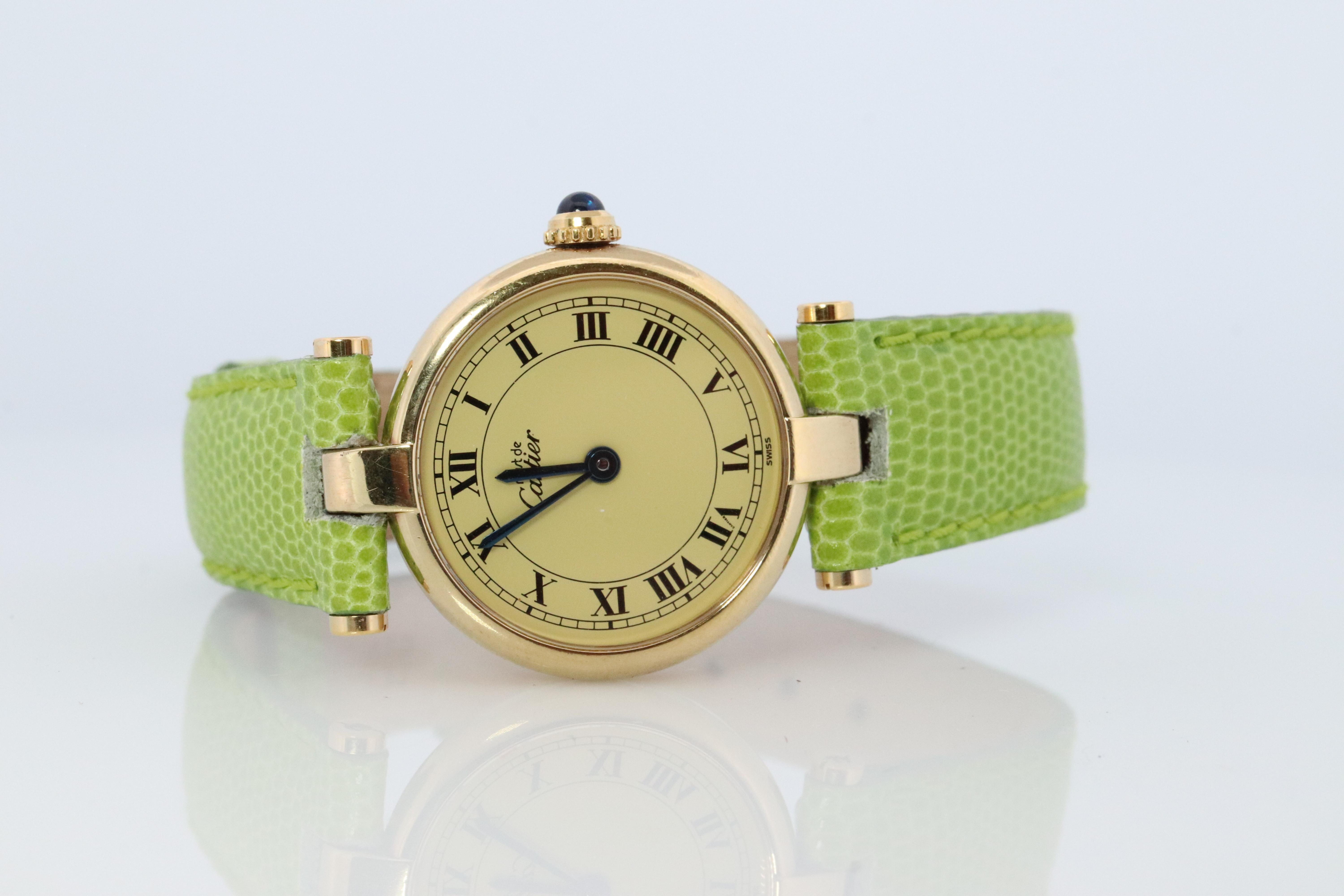 Women's Genuine Cartier Watch. Must de Cartier Vendome Round Argent Vermeil White Face For Sale