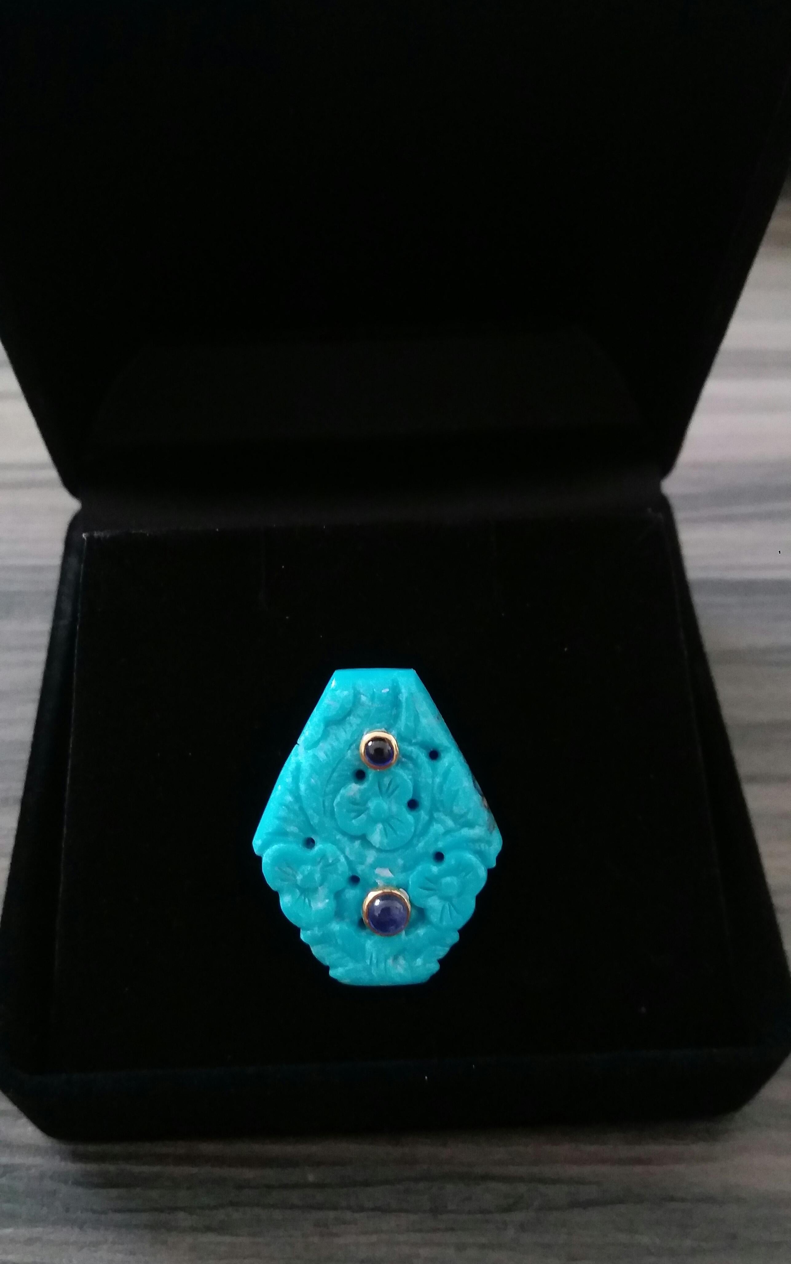 Bague à la mode en or jaune 14 carats avec cabochons de saphirs bleus et turquoises véritables sculptés en vente 5