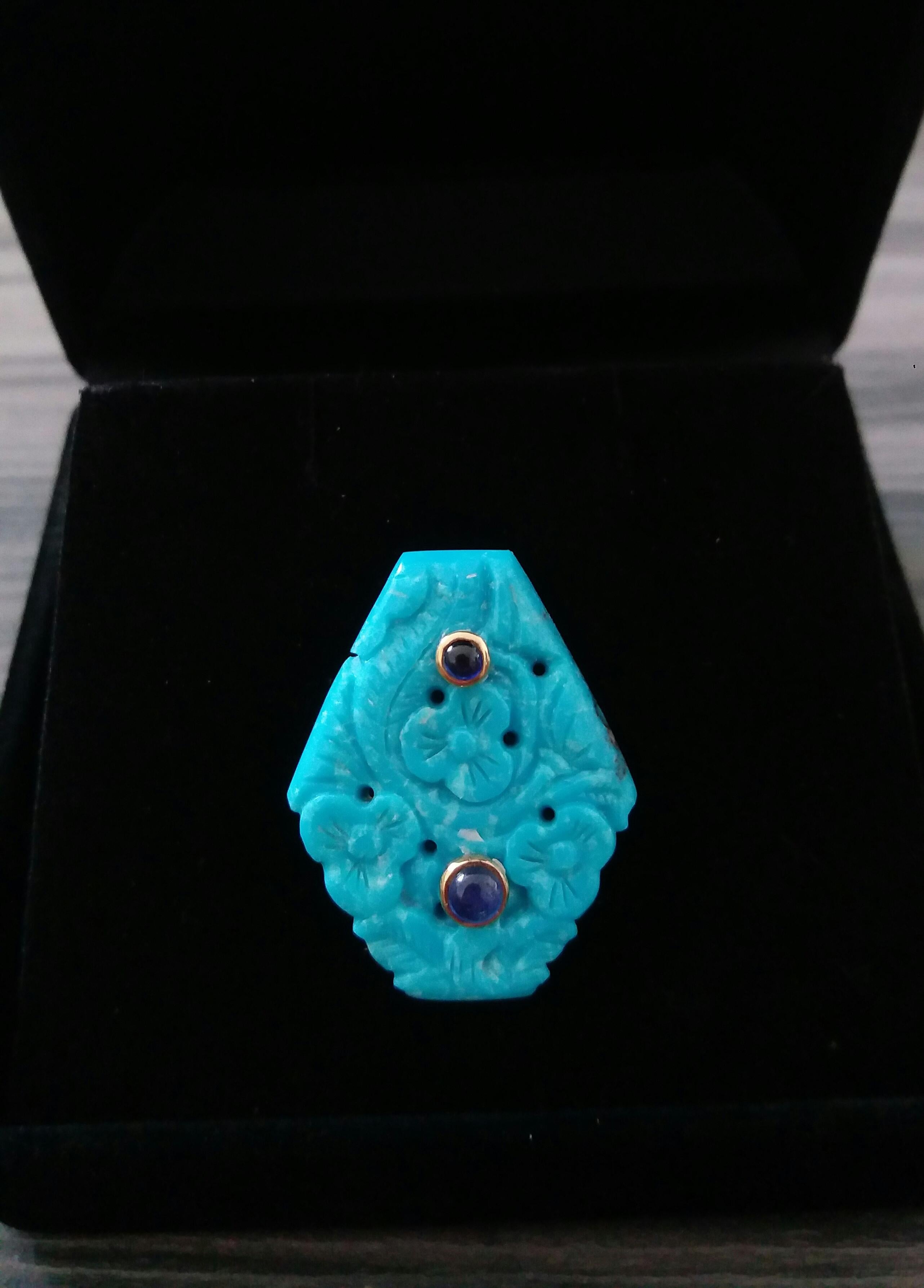 Bague à la mode en or jaune 14 carats avec cabochons de saphirs bleus et turquoises véritables sculptés en vente 6