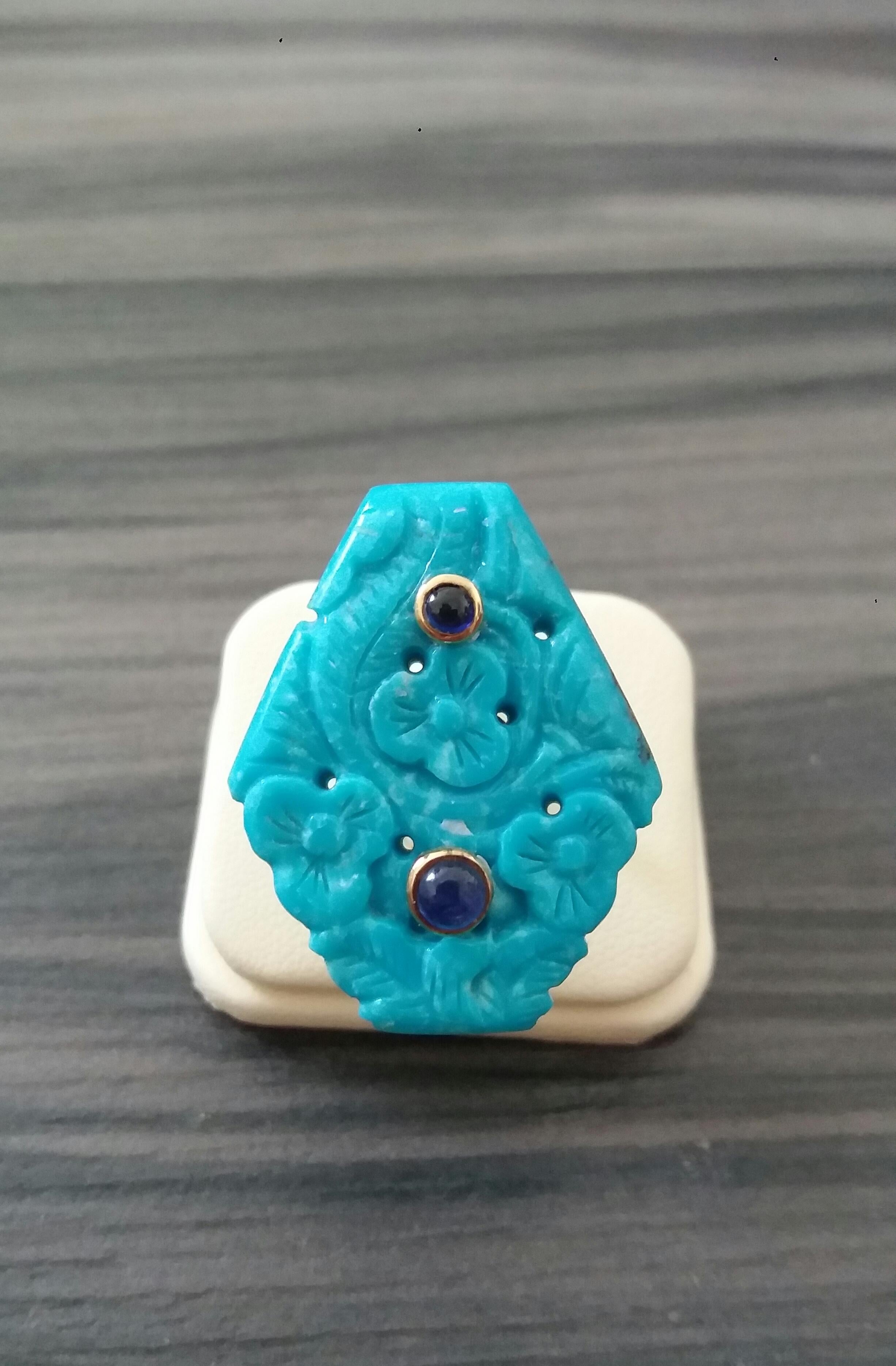 Bague à la mode en or jaune 14 carats avec cabochons de saphirs bleus et turquoises véritables sculptés en vente 8