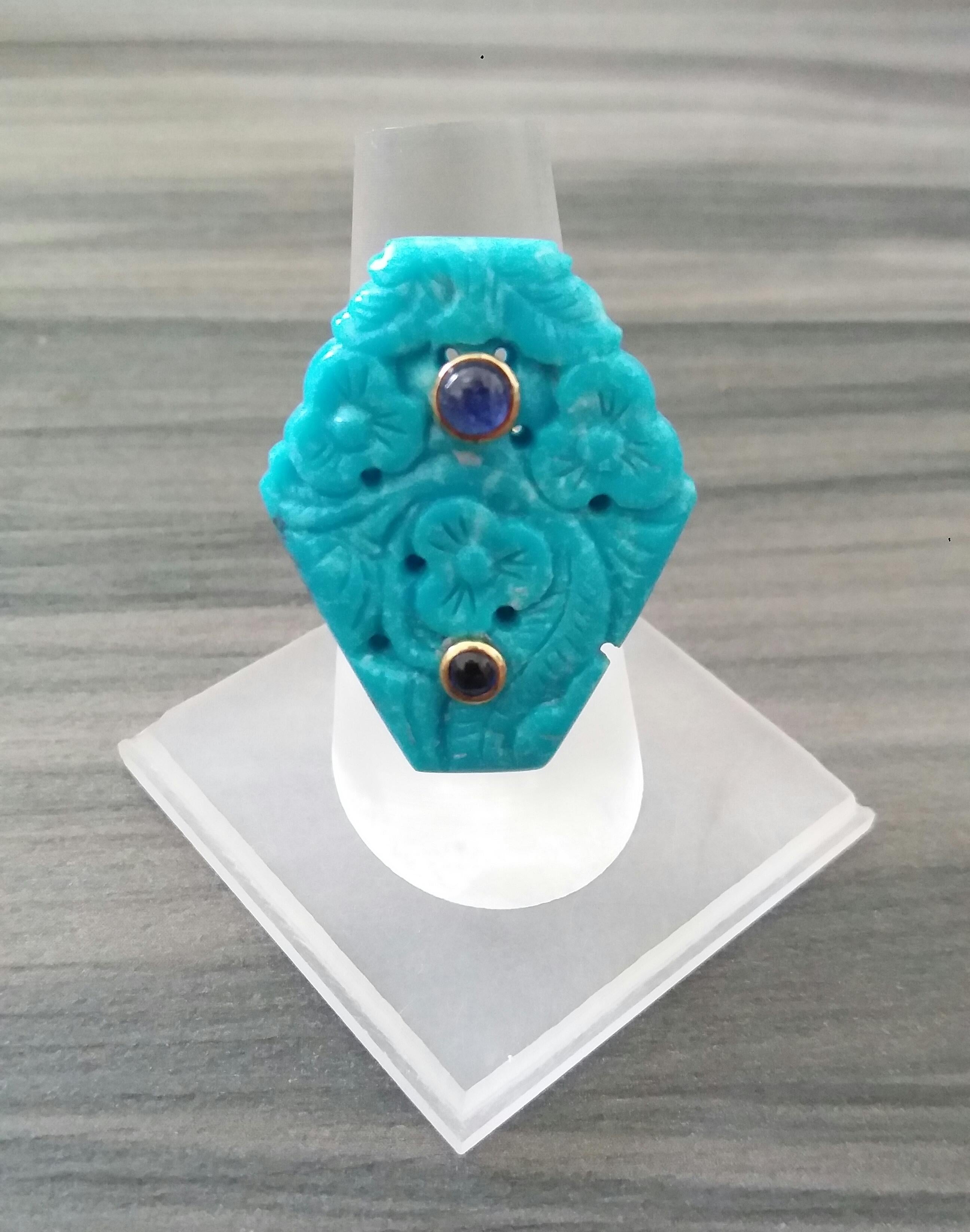 Bague à la mode en or jaune 14 carats avec cabochons de saphirs bleus et turquoises véritables sculptés en vente 9
