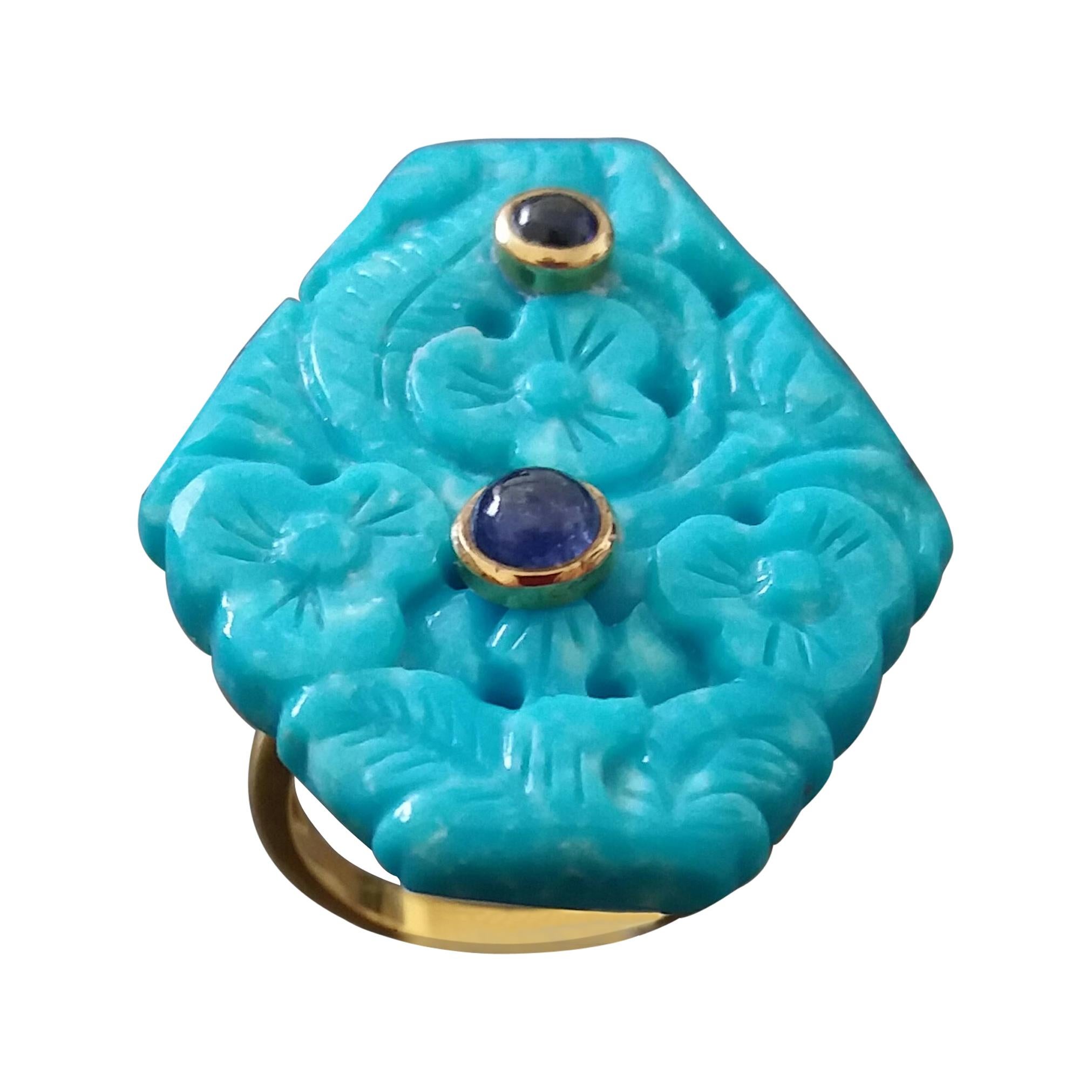 Genuine Carved Turquoise Blue Sapphire Cabochons 14 Kt Yellow Gold Fashion Ring For Sale