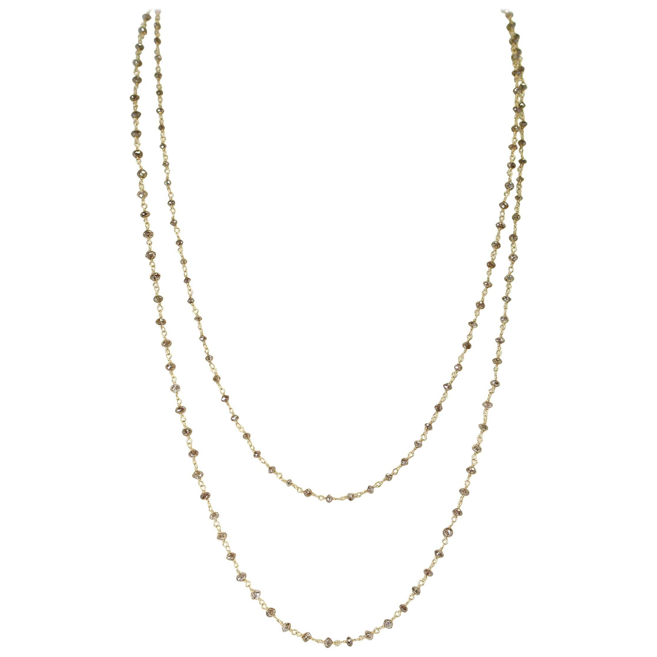 Genuine Champagne Diamond Beads Wire-Wrapped Necklace, 18 Karat Yellow