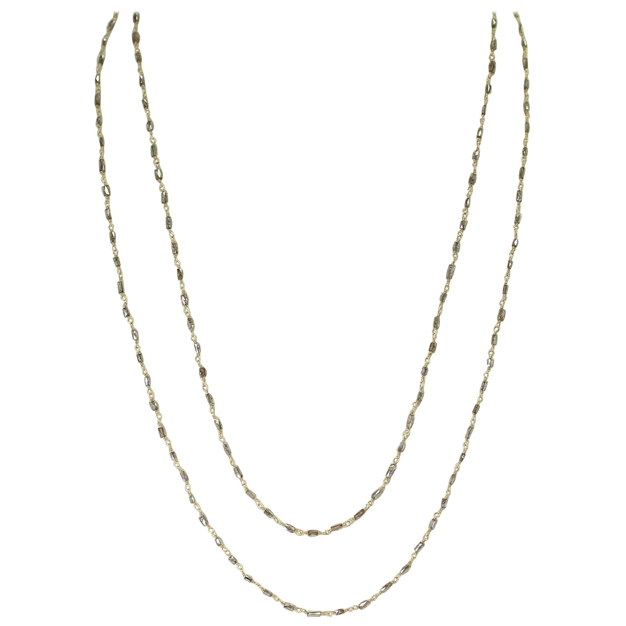 Genuine Champagne Diamond Tube-Shape Beads Wire-Wrapped Necklace, 18K Yellow