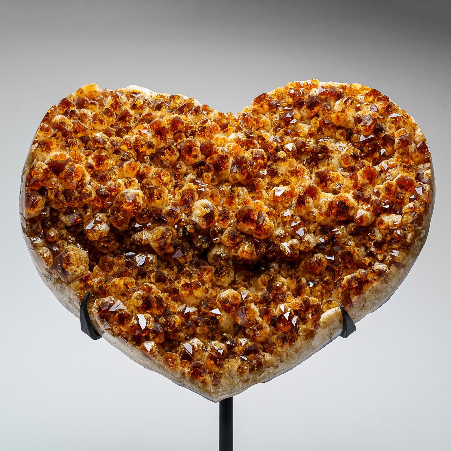 Questo squisito cuore a grappolo di citrino brasiliano, del peso di 46,5 libbre, è stato sapientemente formato e lavorato a mano, con un'ipnotica e lucente serie di cristalli. La sua forma a cuore è ornata da un bordo di agata lucida e presentata su
