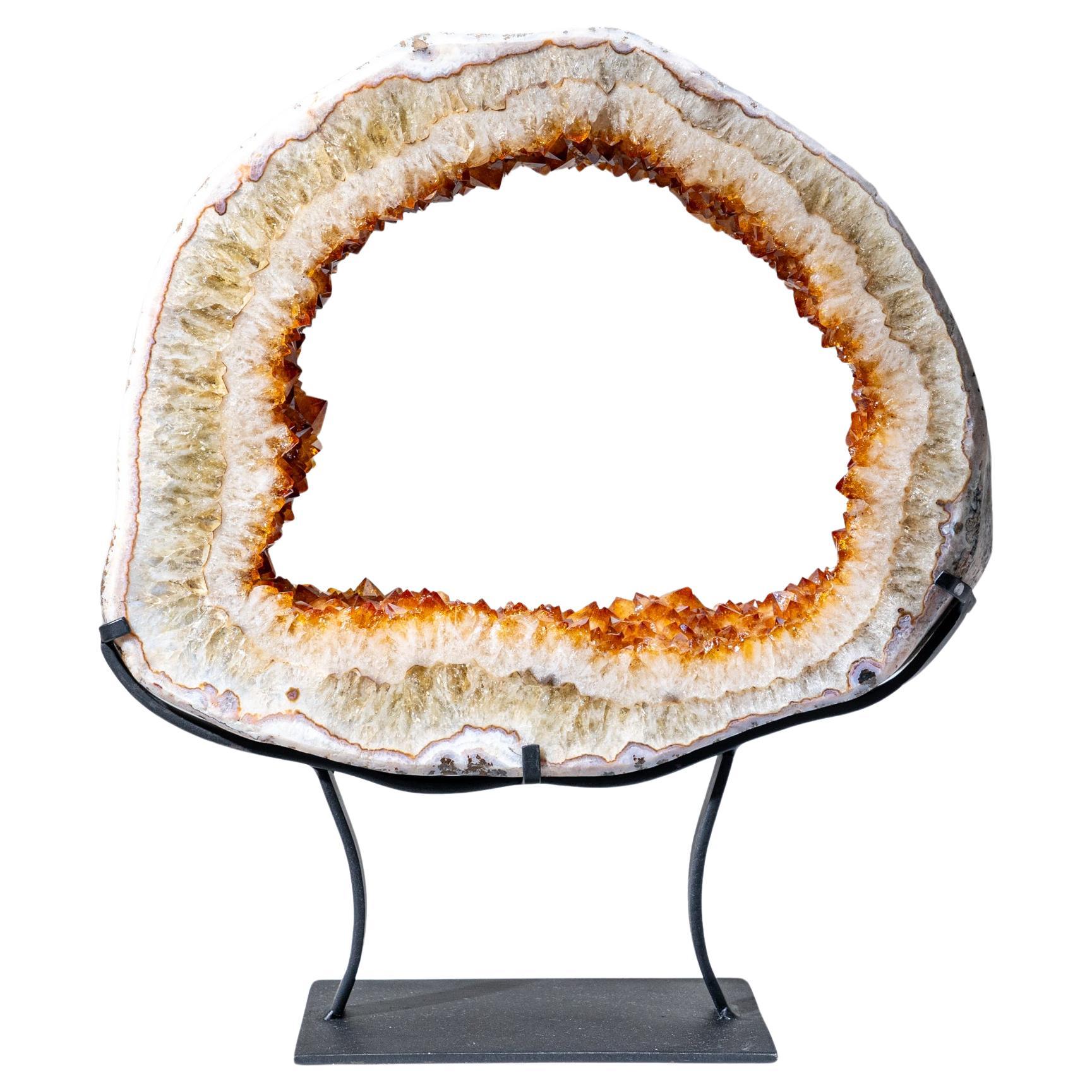 Genuine Citrine Quartz Crystal Geode Slice on Metal Stand (21", 36.5 lbs) For Sale