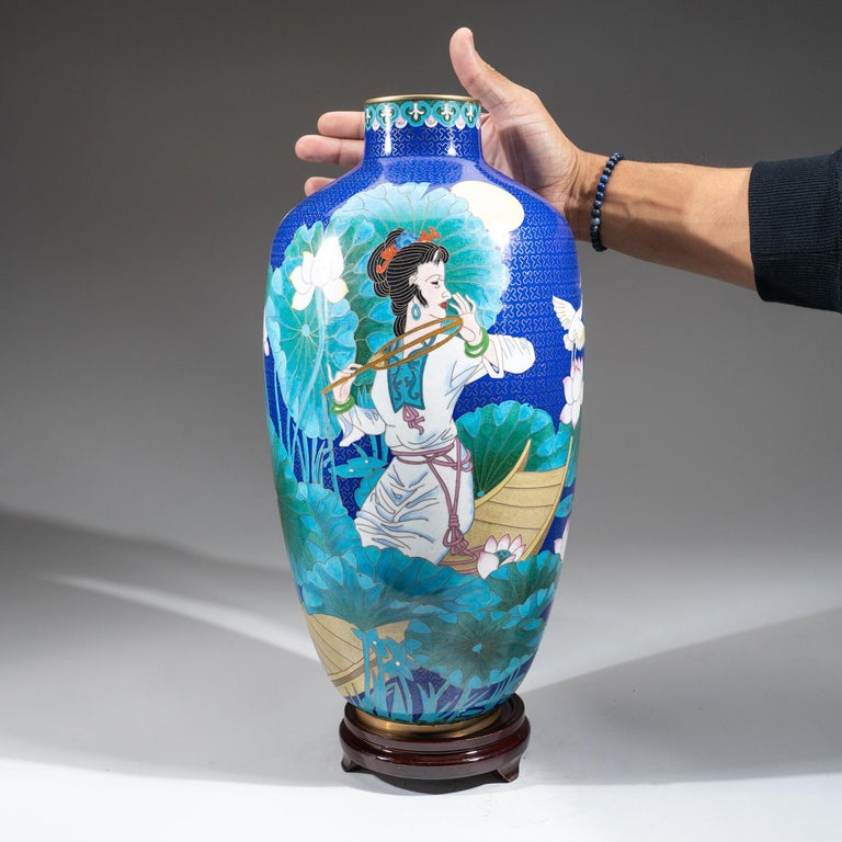 Genuine Cloisonne Vase with Custom Wooden Stand For Sale at 1stDibs