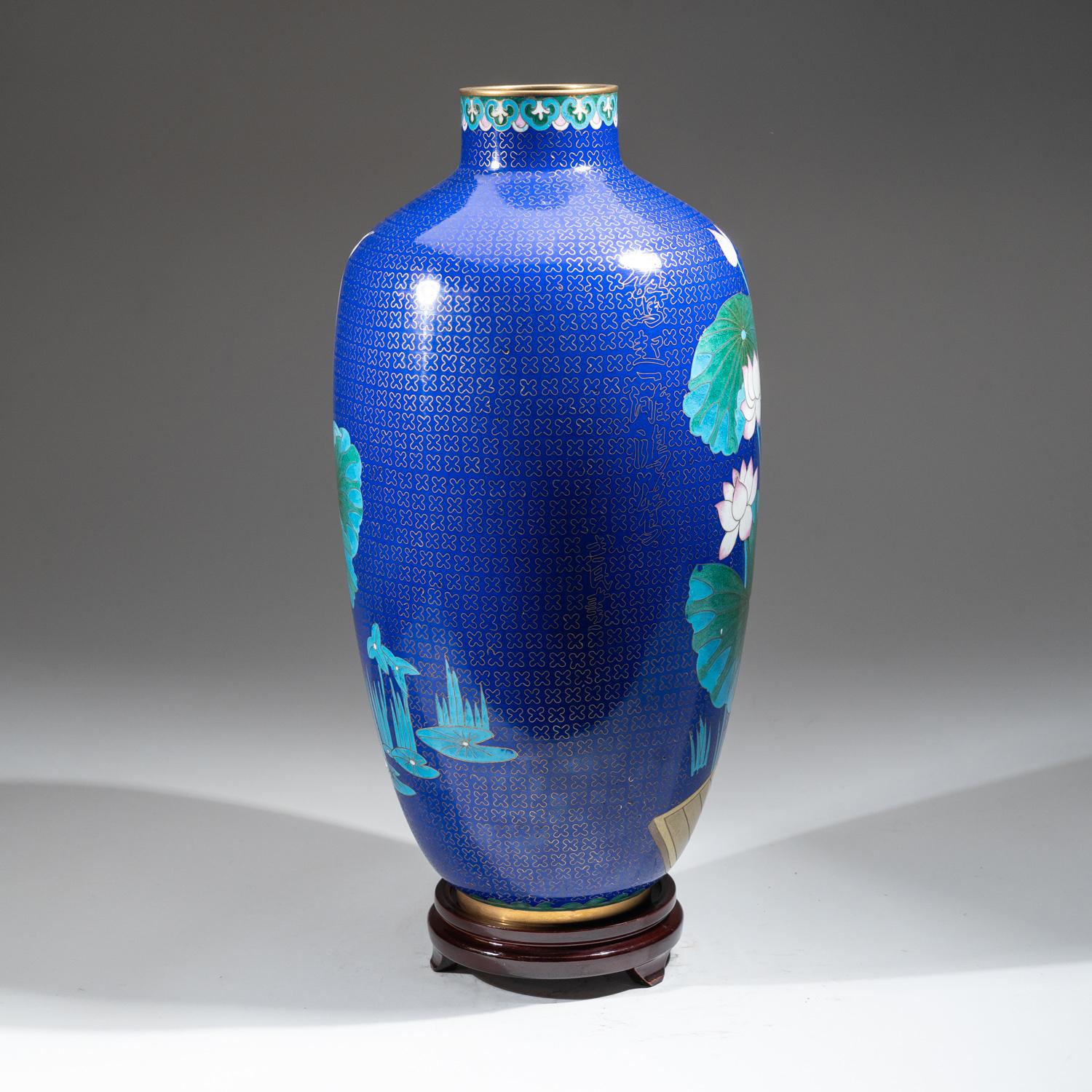 Contemporary Genuine Cloisonne Vase with Custom Wooden Stand For Sale