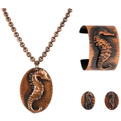 Genuine Copper Handcrafted Seahorse Necklace Bracelet Earring Parure Set - Rare