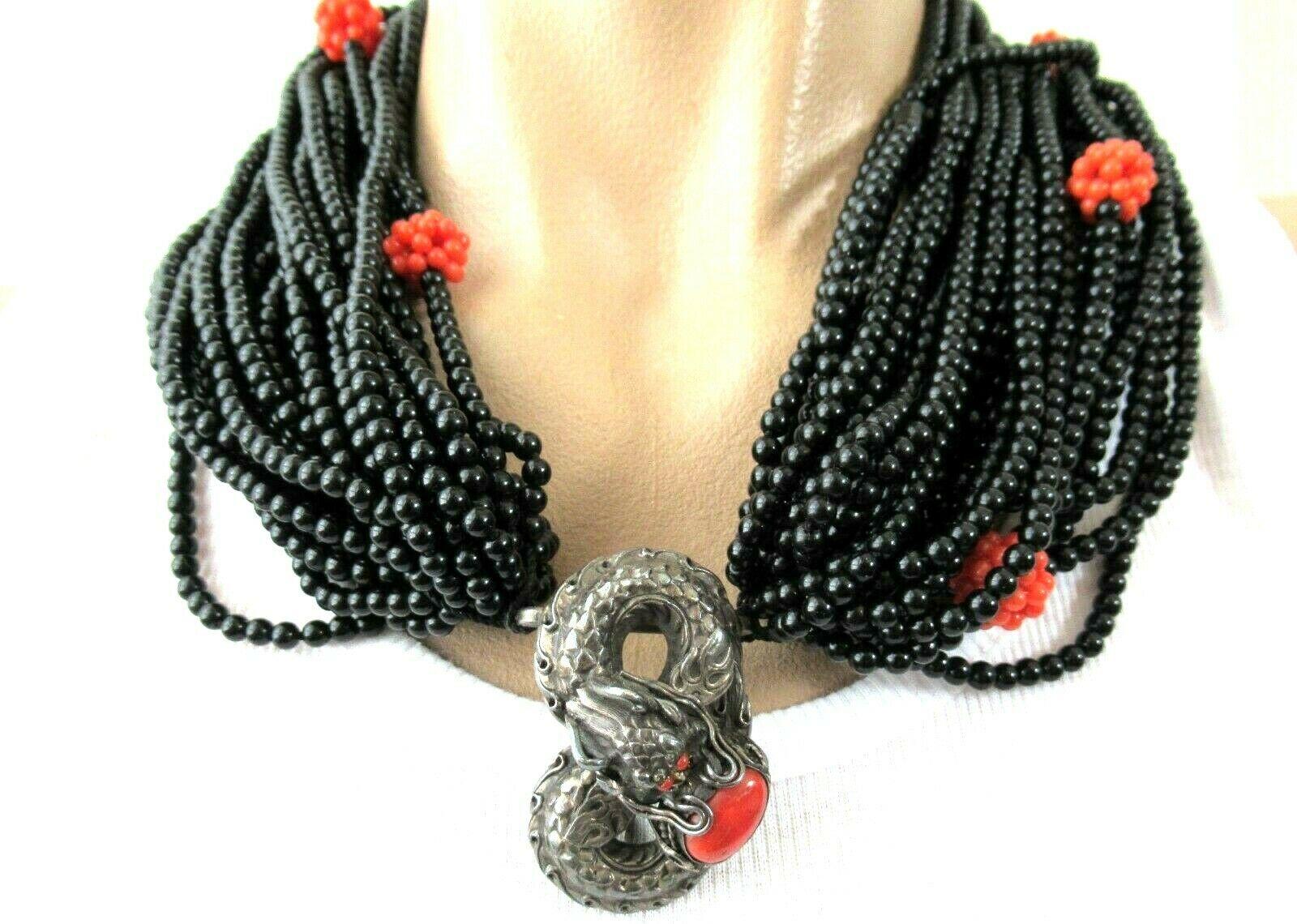 Modernist Genuine Coral and Multi Strand Black Onyx Silver Dragon Necklace For Sale
