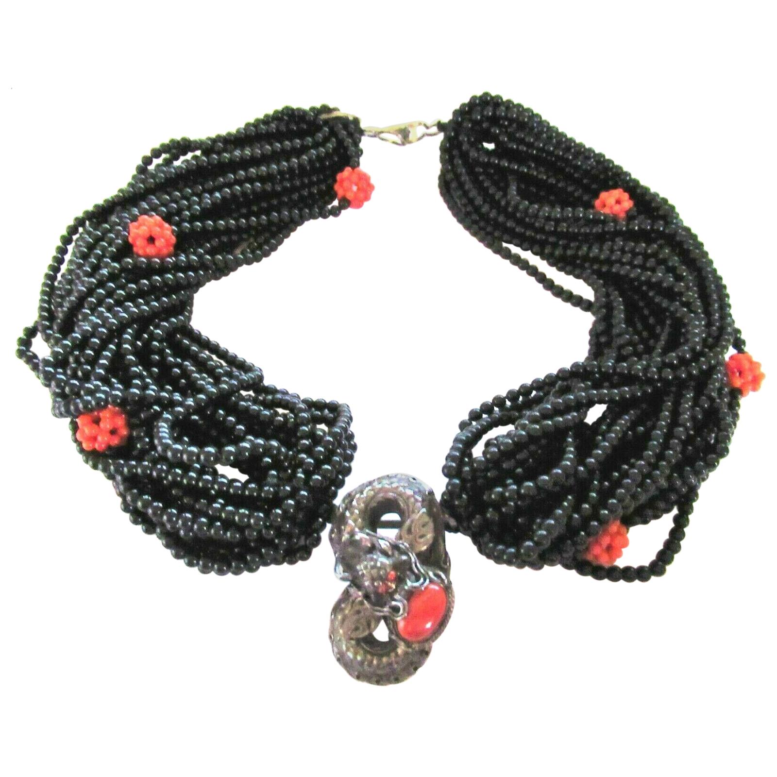 Genuine Coral and Multi Strand Black Onyx Silver Dragon Necklace For Sale