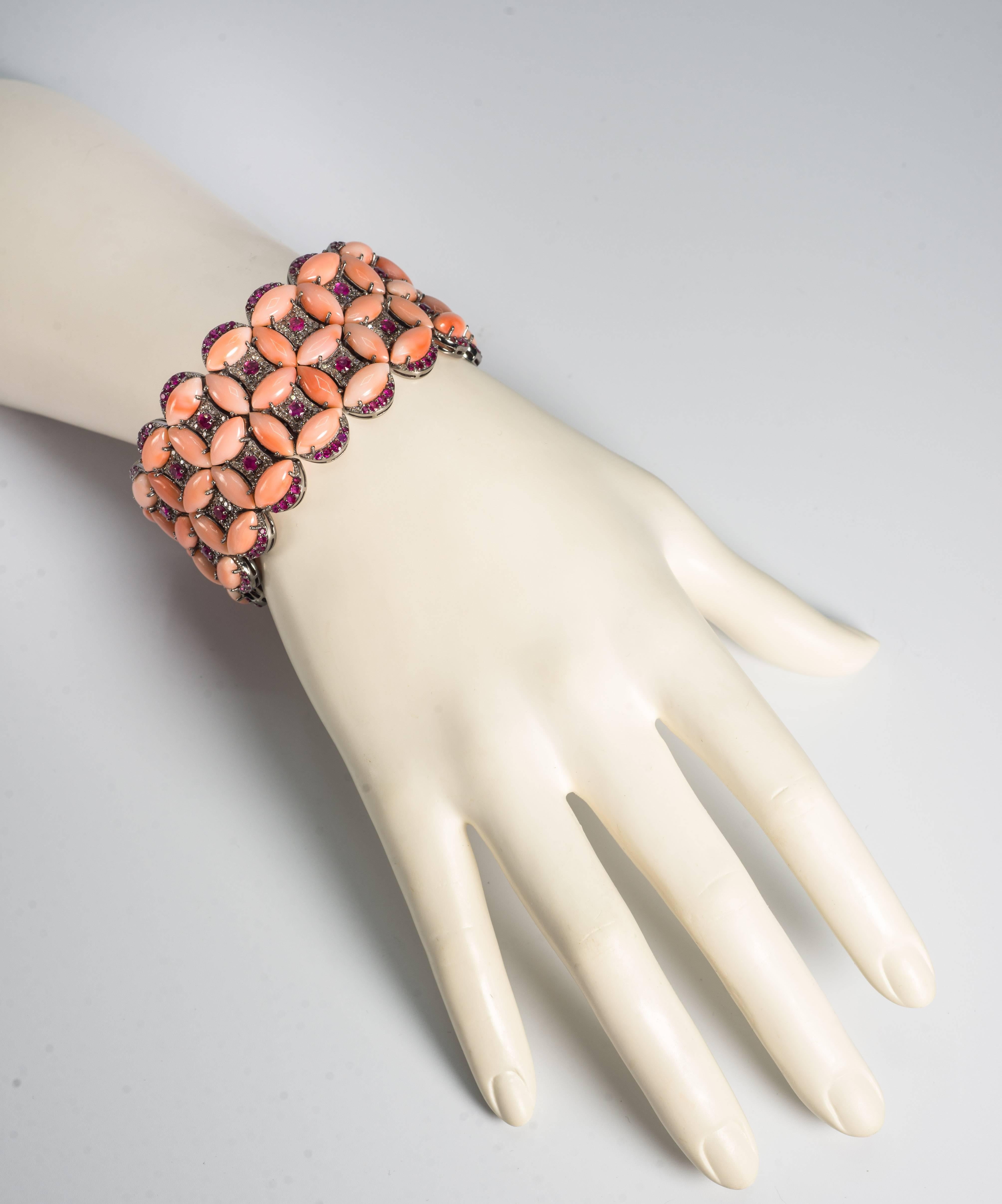 Modern Genuine Coral Diamond Pink Tourmaline Diamond Tapestry Cuff Bracelet