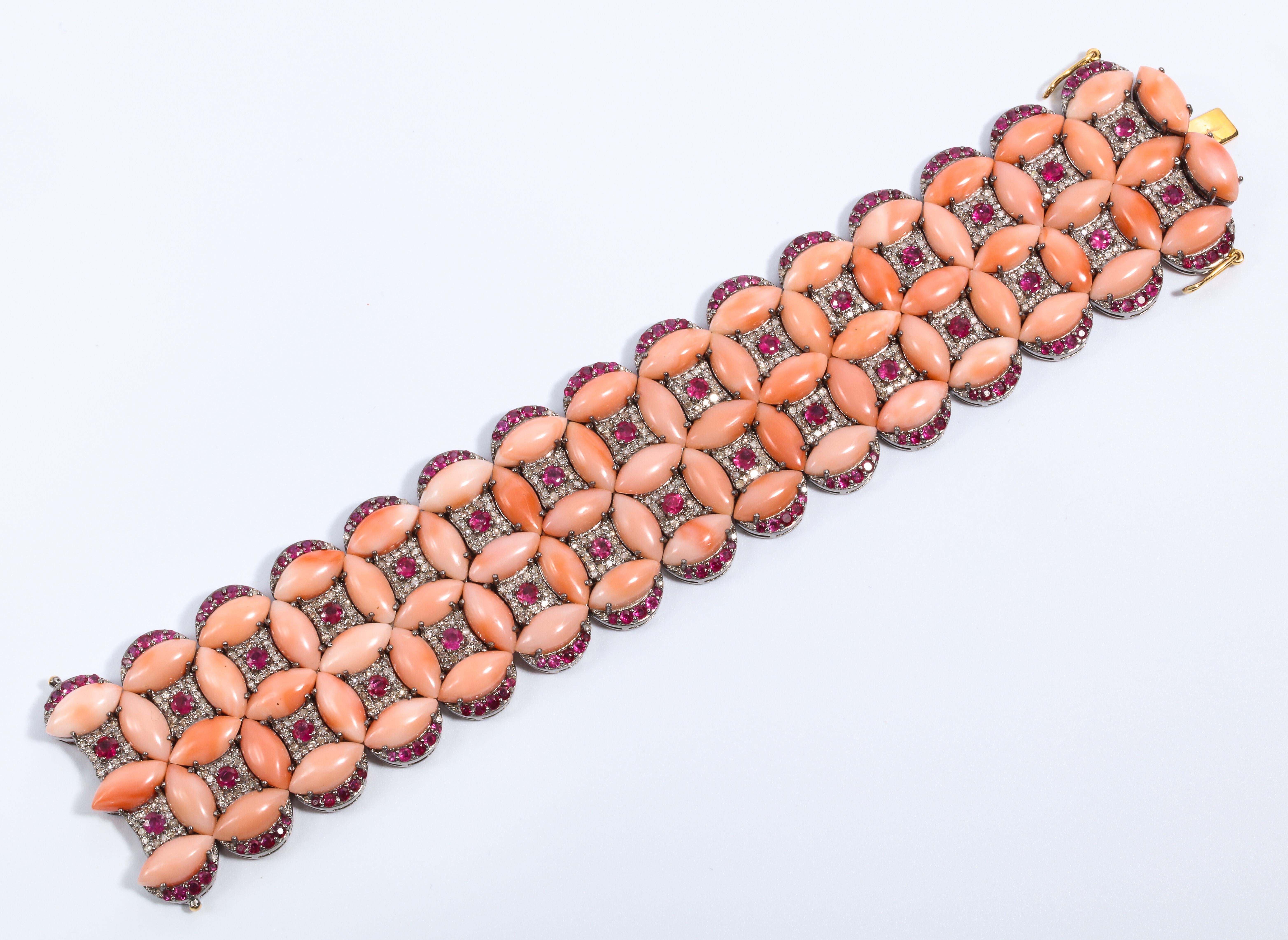 Women's Genuine Coral Diamond Pink Tourmaline Diamond Tapestry Cuff Bracelet