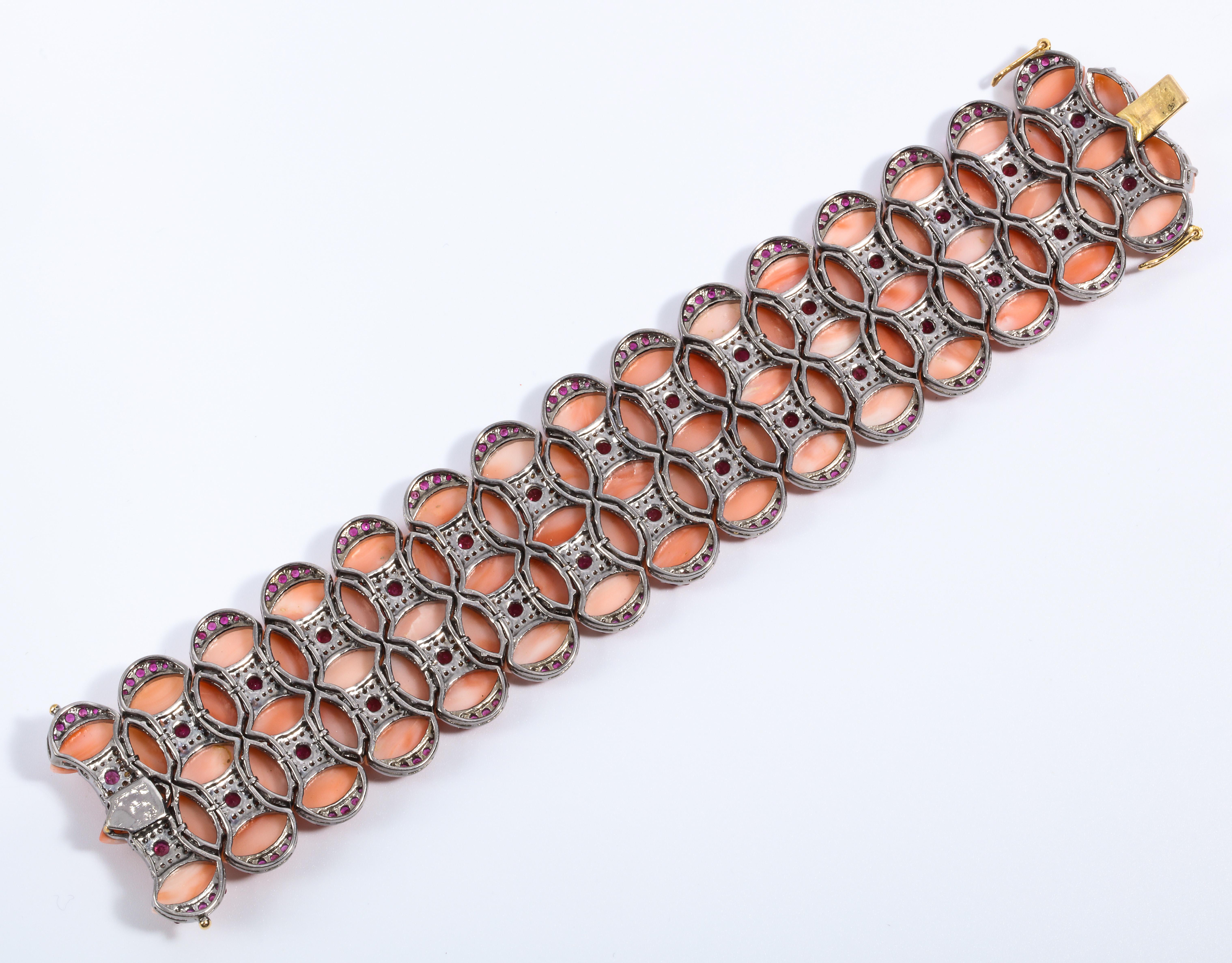 Genuine Coral Diamond Pink Tourmaline Diamond Tapestry Cuff Bracelet 1