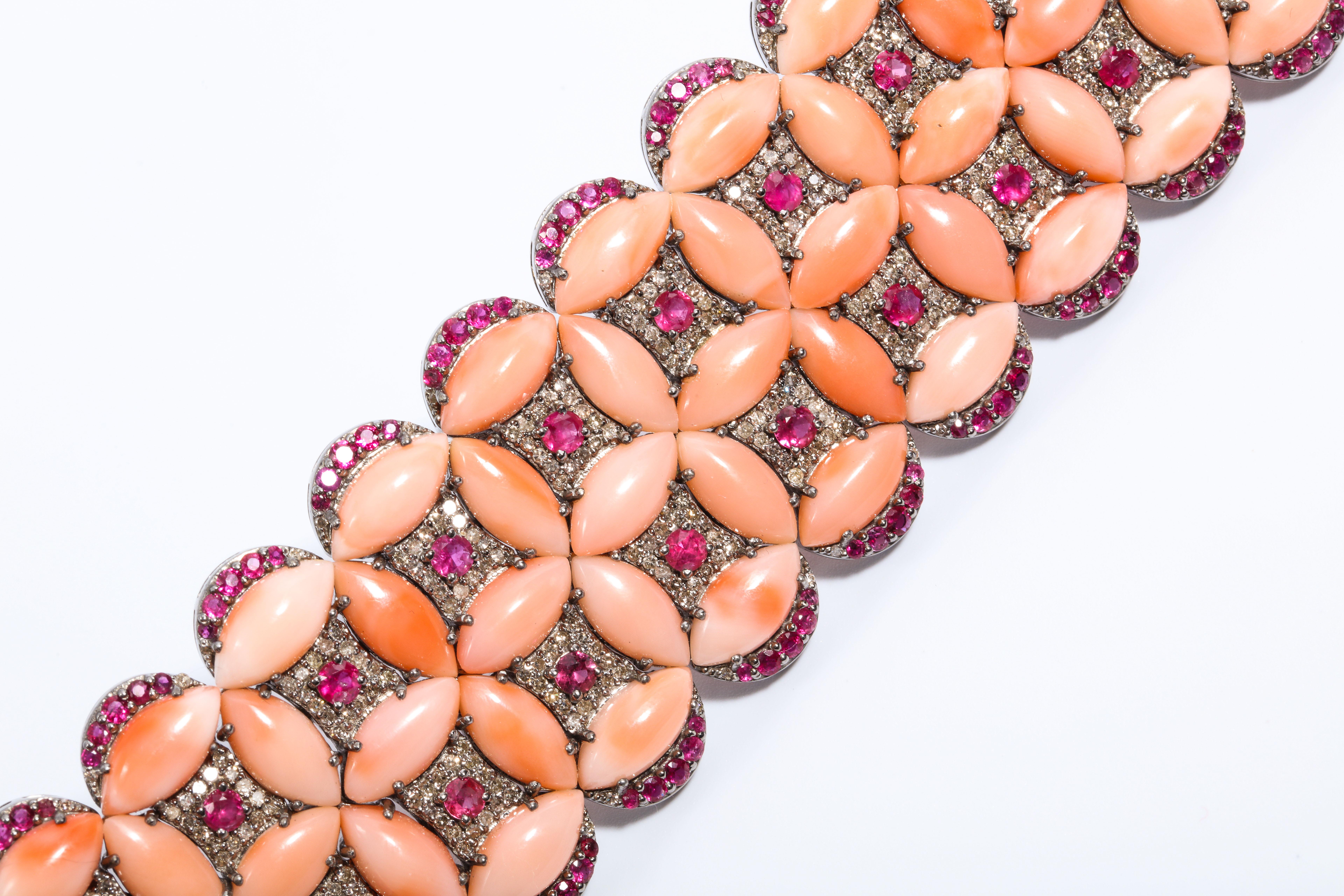 Genuine Coral Diamond Pink Tourmaline Diamond Tapestry Cuff Bracelet 2