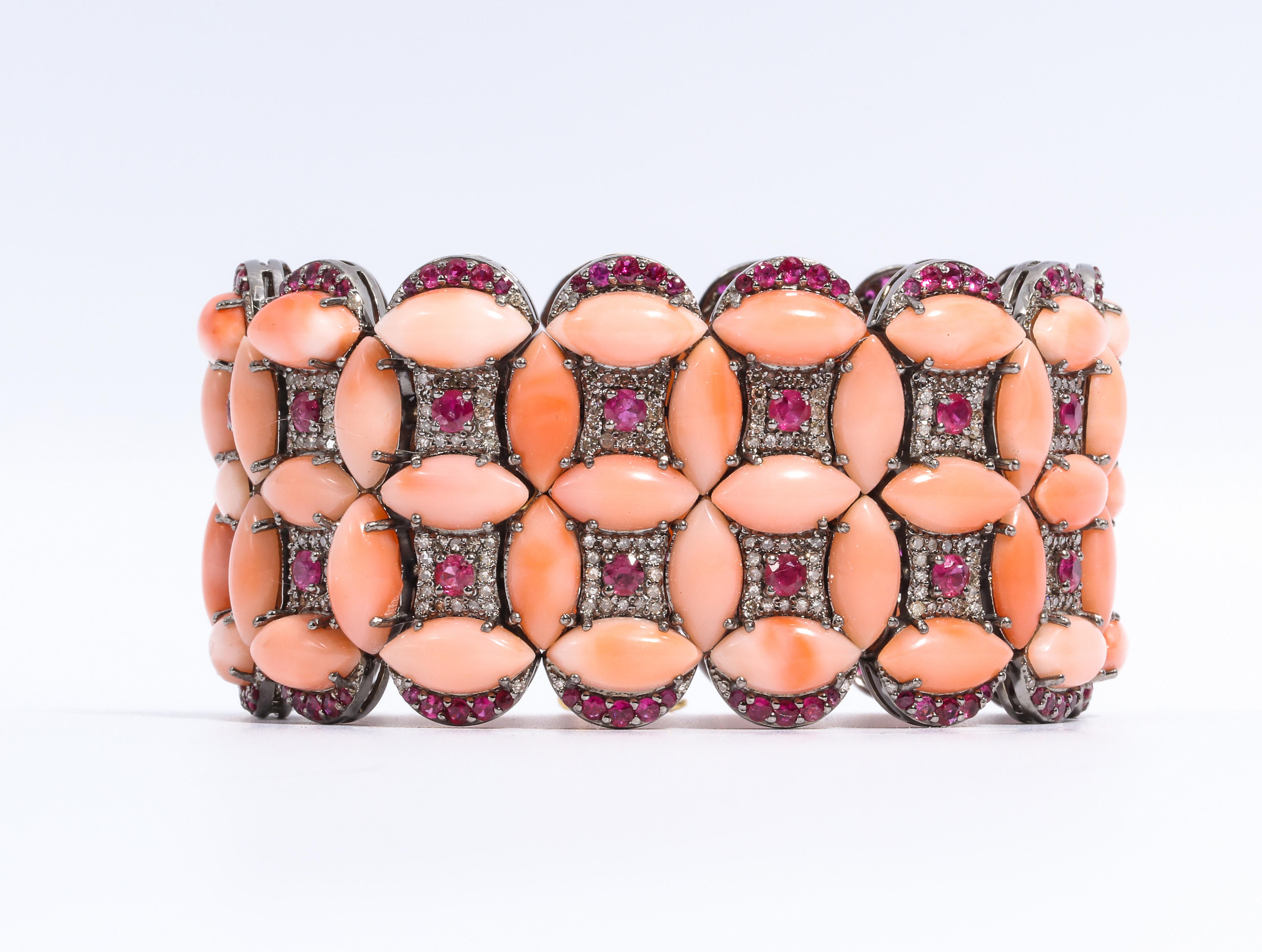 Genuine Coral Diamond Pink Tourmaline Diamond Tapestry Cuff Bracelet 3