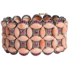 Genuine Coral Diamond Pink Tourmaline Diamond Tapestry Cuff Bracelet