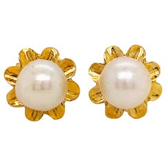 Genuine Cultured Pearl and 14 Karat Yellow Gold Flower Earring Studs