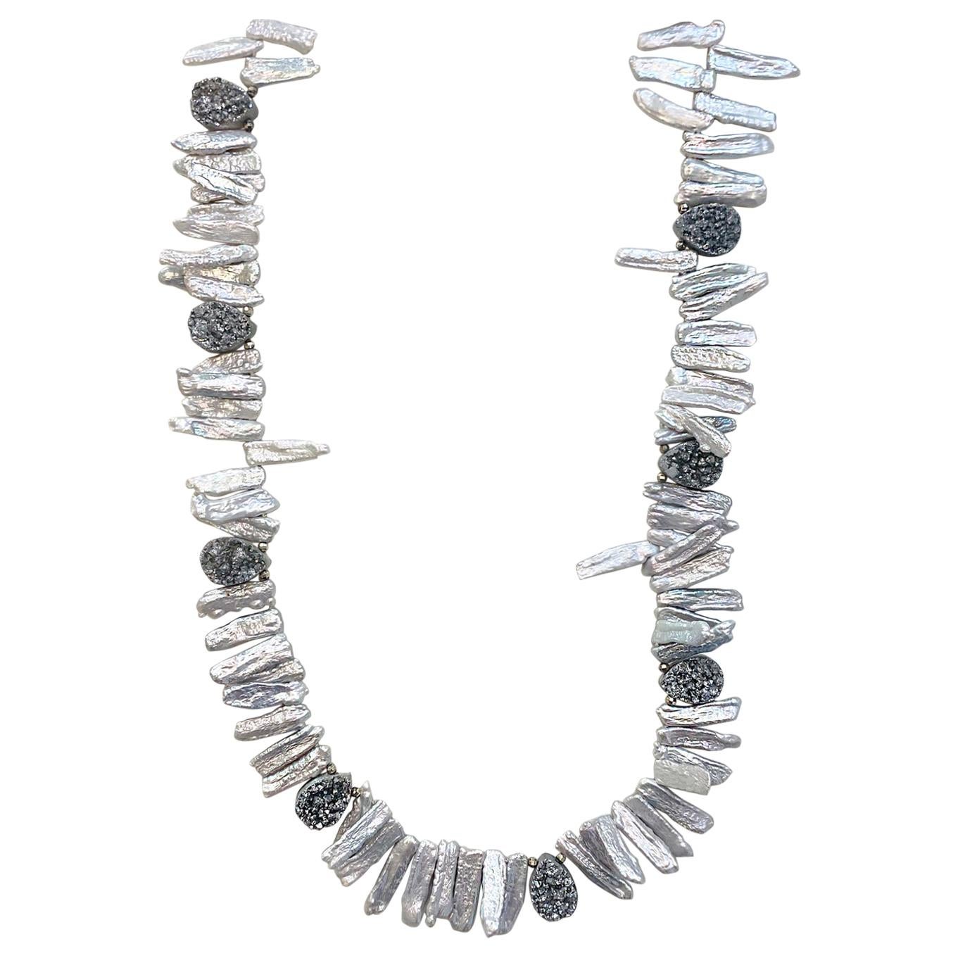Halskette aus echtem Zuchtperlen und Drusy-Perlen, Doppelperlen-Halskette