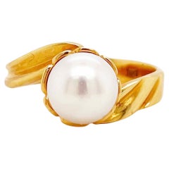 Antique Genuine Cultured Pearl Ring, Yellow Gold, Estate Asymmetrical Ring