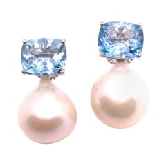 Bijoux Num Cushion-cut Blue Topaz and White Cultured Baroque Pearl Drop Earrings