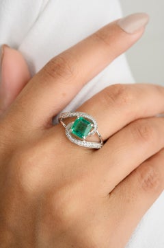 Anello nuziale con diamante smeraldo autentico per donna in oro bianco massiccio 18 carati