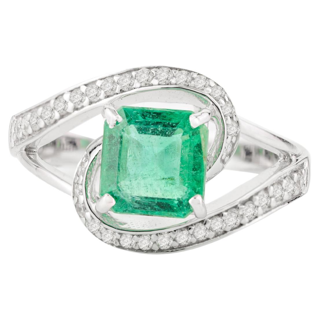 Genuine Cushion Emerald Diamond Wedding Ring for Women in 18k Solid White Gold