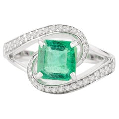 Genuine Cushion Emerald Diamond Wedding Ring for Women in 18k Solid White Gold