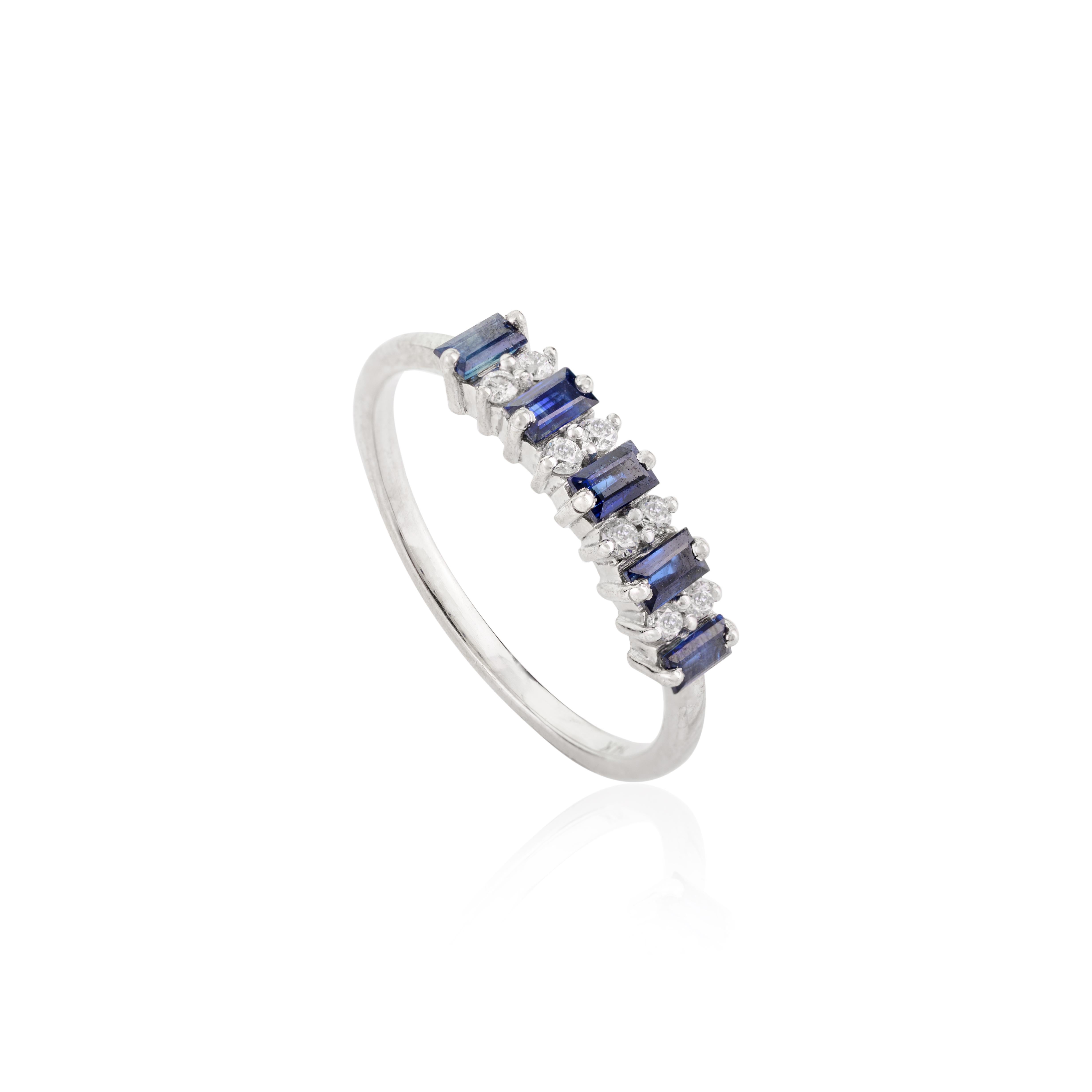 For Sale:  Genuine Deep Blue Sapphire Diamond Sleek Birthstone Band Ring in 14k White Gold 3